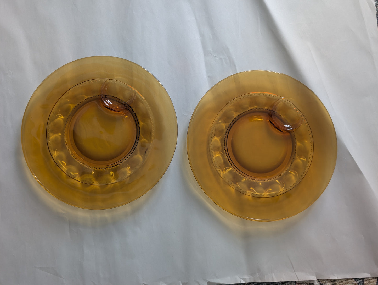 Pair of Amber Dubonnet or Kings Crown Thumb Print Plates with Dipping Tray from 1960s