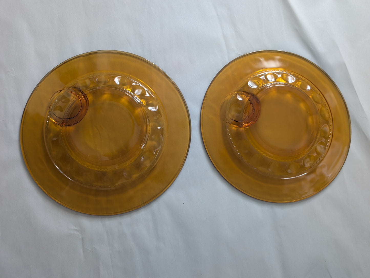 Pair of Amber Dubonnet or Kings Crown Thumb Print Plates with Dipping Tray from 1960s