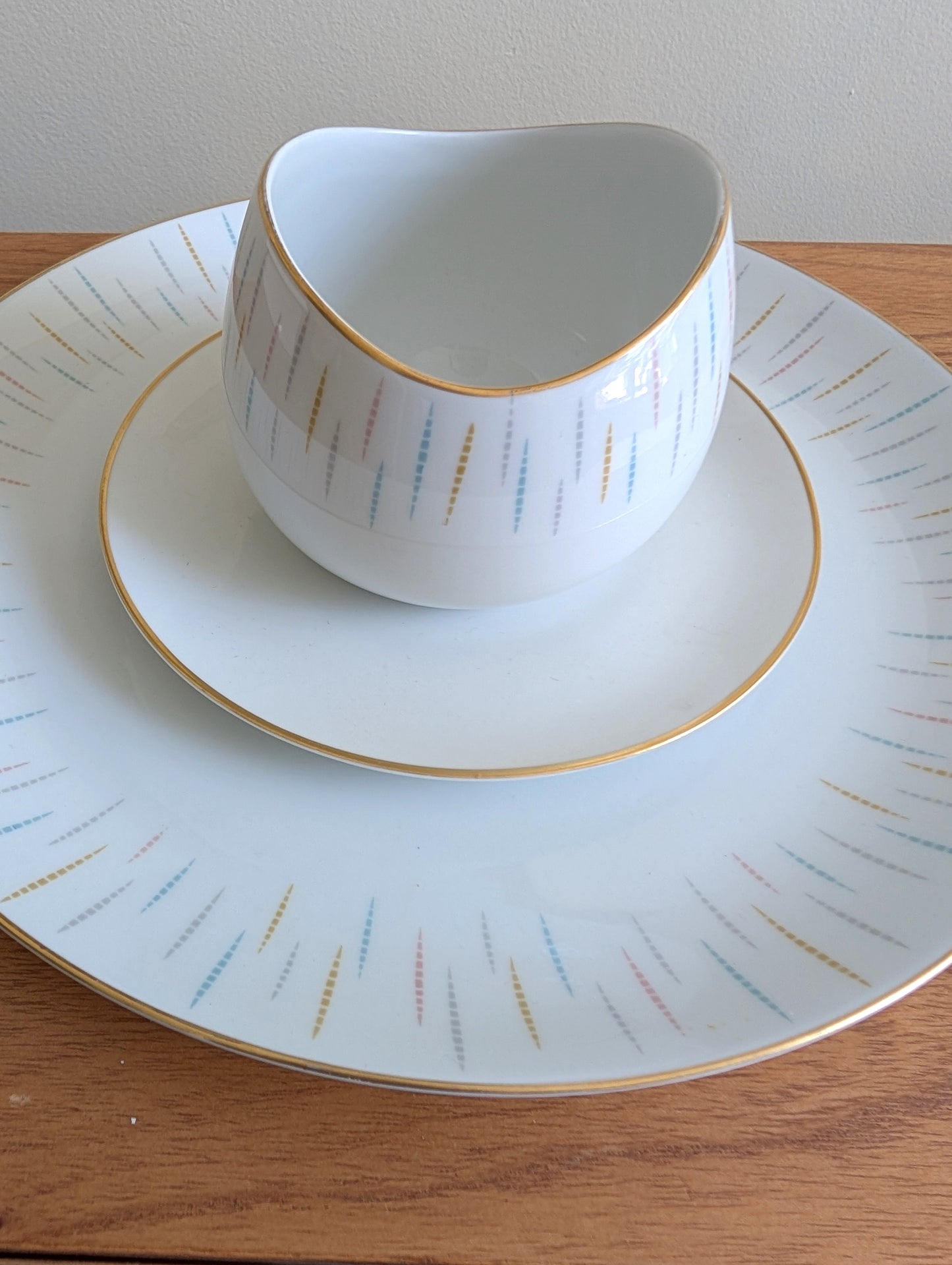 MCM Atomic Platter and Gravy Bowl with Gold Rims