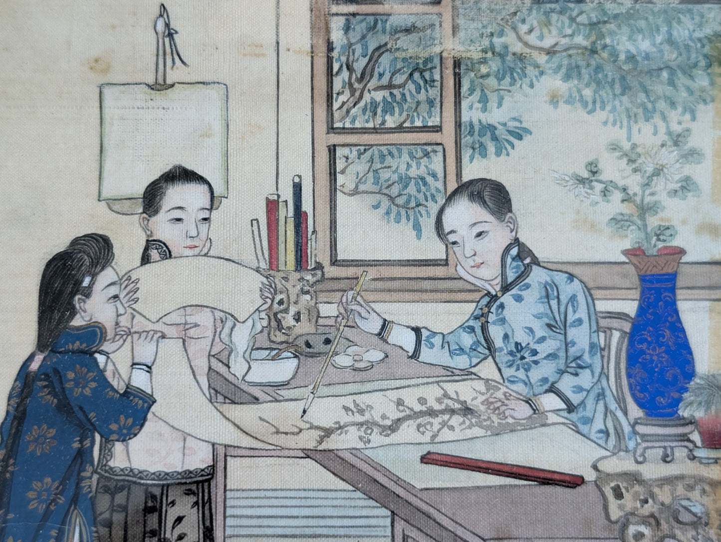 Vintage Painting of Chinese Artists and Dogs