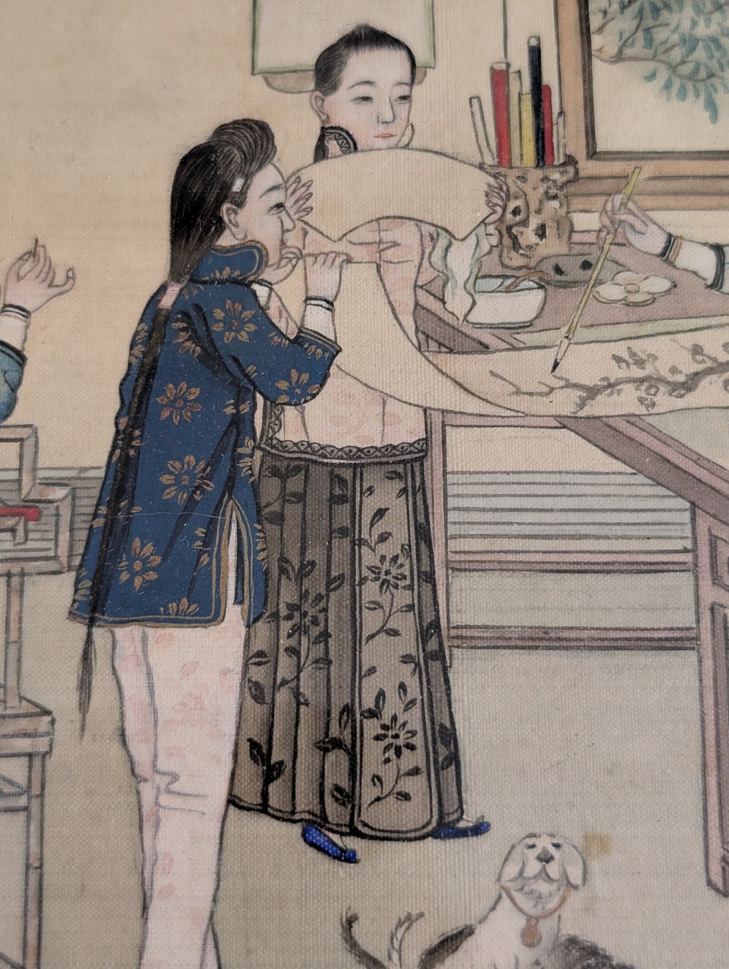Vintage Painting of Chinese Artists and Dogs