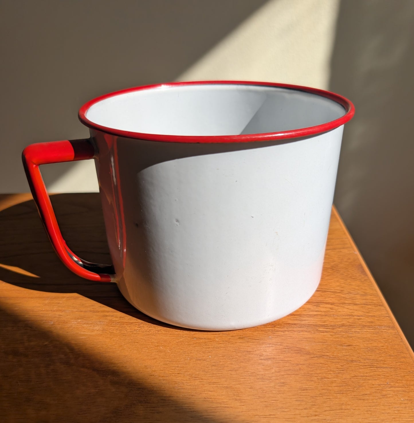 Red and White Enamel Mixing Bowl with Handel