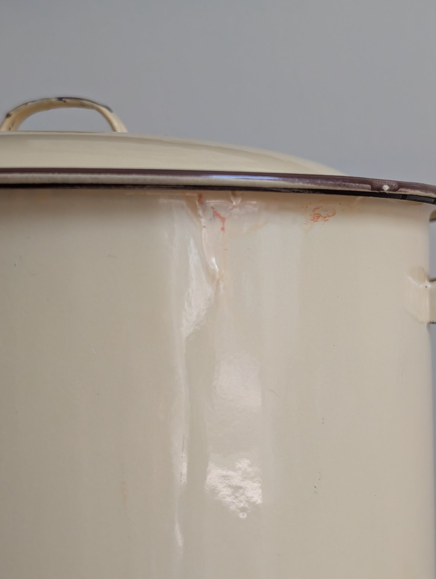 Vtg Enamelware Yellow Brown Trim Large Stock Pot w/ Lid Kitchen Decor Farmhouse