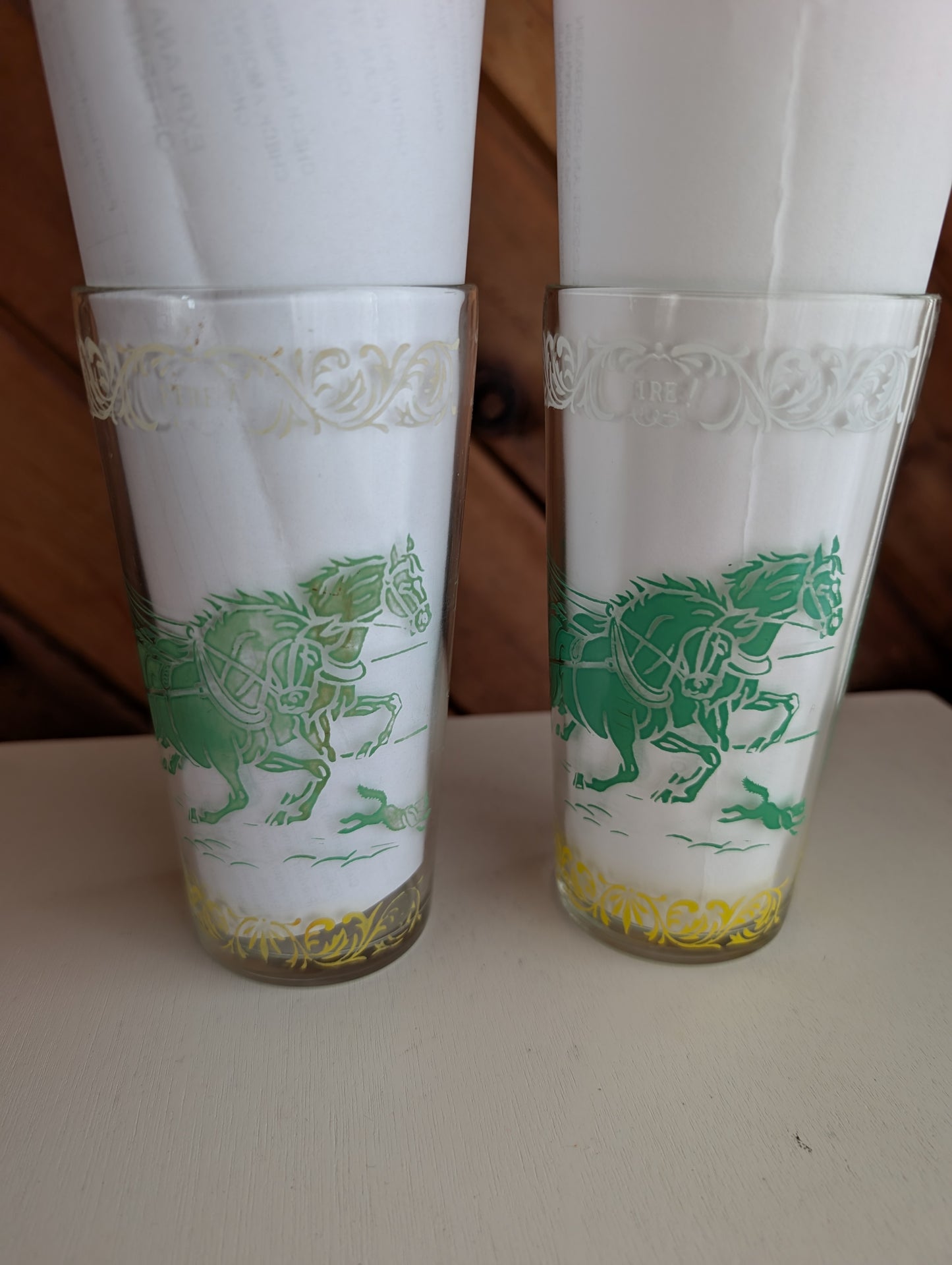 Pair of Vintage Old Times' Tumblers Featuring Horse Drawn Fire Truck Fire!