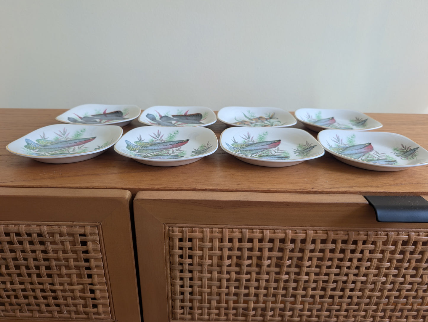 Rare Set of 8 Crown Staffordshire Fish Themed Bread Plates