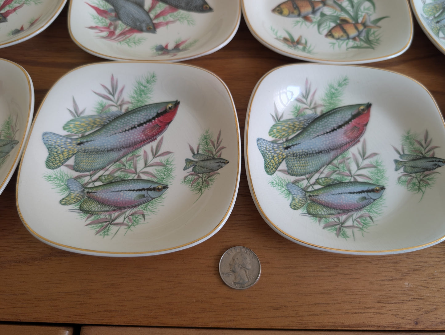 Rare Set of 8 Crown Staffordshire Fish Themed Bread Plates