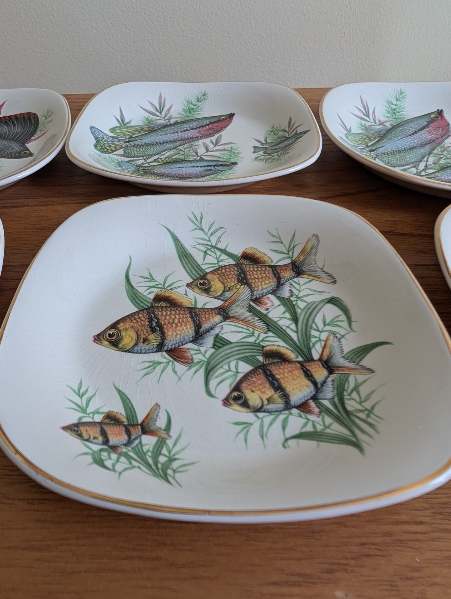 Rare Set of 8 Crown Staffordshire Fish Themed Bread Plates