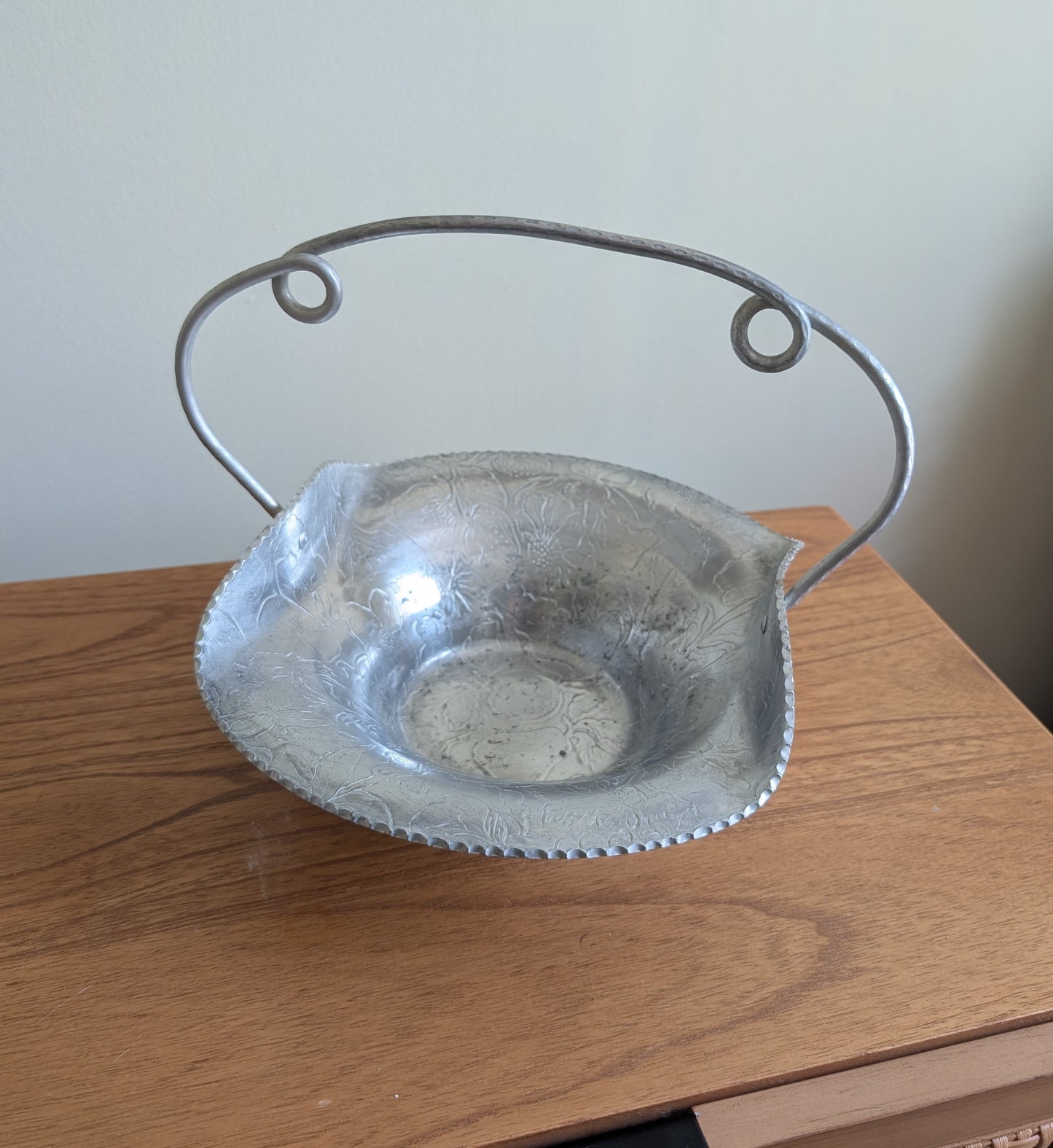 Vintage Hammered Aluminum Basket with Fruit and Floral Pattern