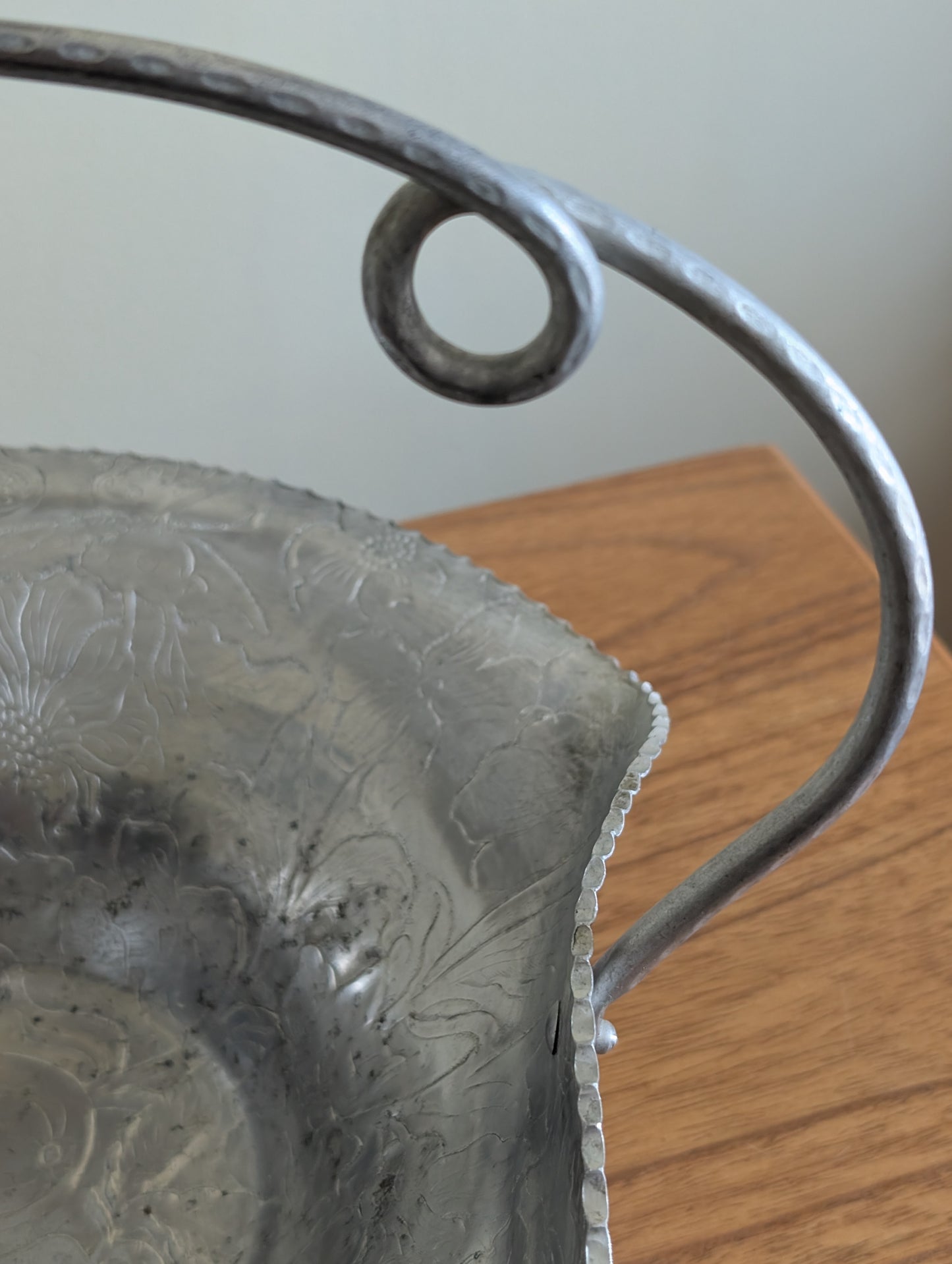 Vintage Hammered Aluminum Basket with Fruit and Floral Pattern