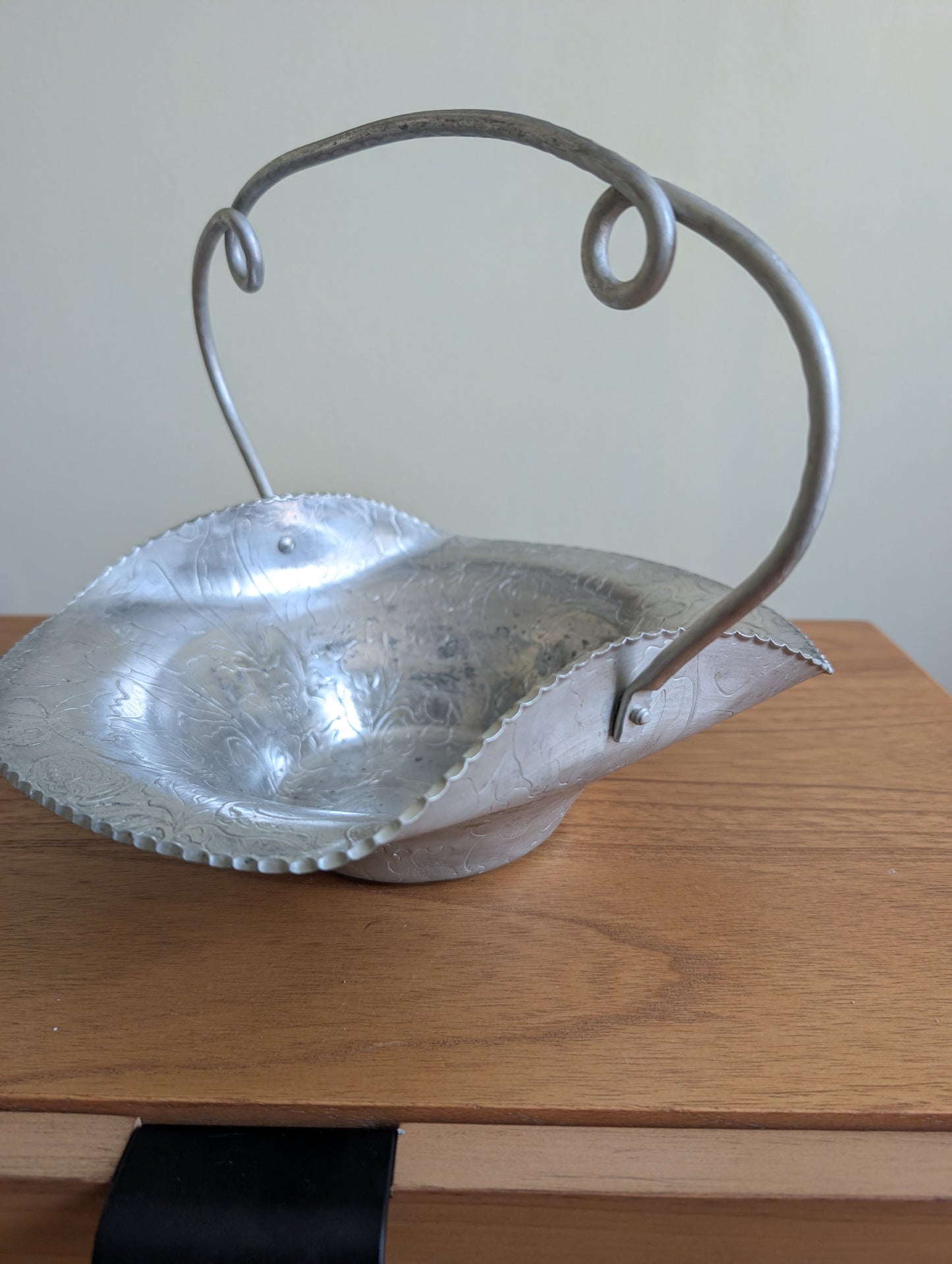 Vintage Hammered Aluminum Basket with Fruit and Floral Pattern