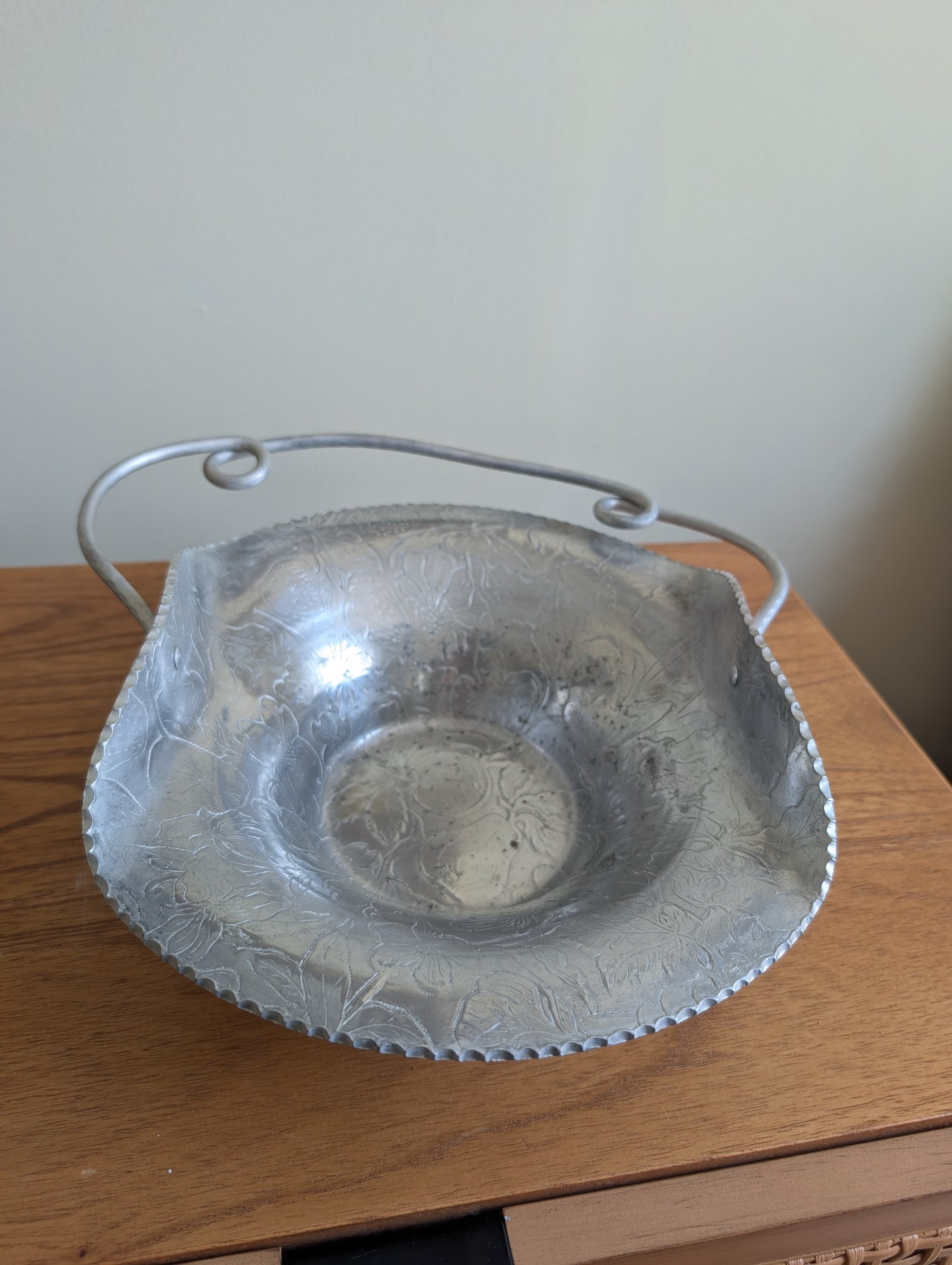 Vintage Hammered Aluminum Basket with Fruit and Floral Pattern