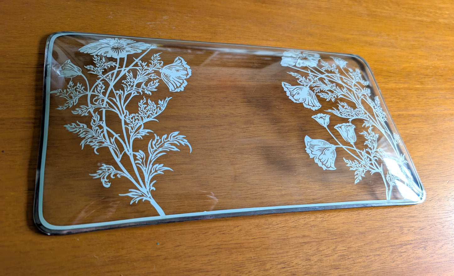 Midcentury Silver Overlay Floral Glass Rectangular Tray