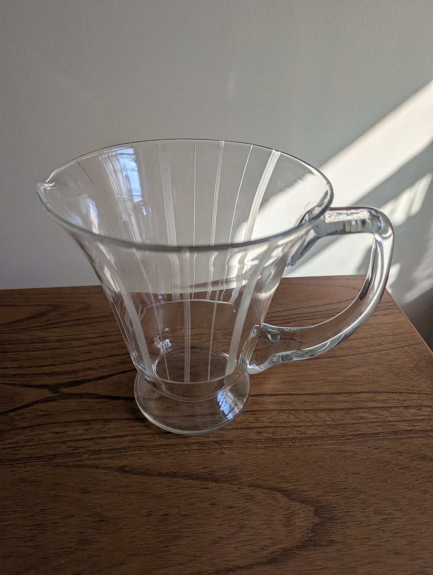 Vintage Geometric Etched Glass Pitcher with Wide Top and Glass Handle 7.5" Tall