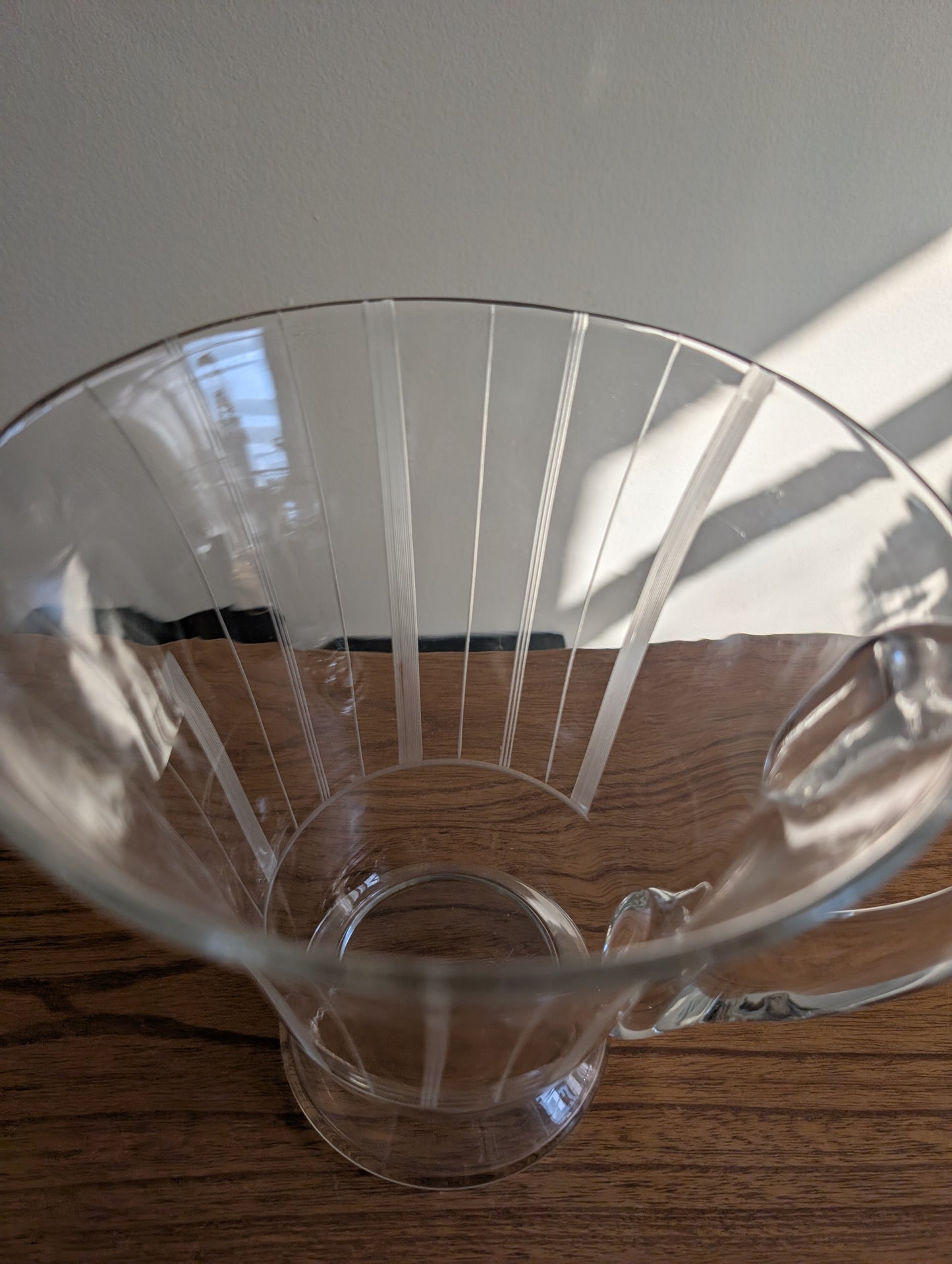 Vintage Geometric Etched Glass Pitcher with Wide Top and Glass Handle 7.5" Tall