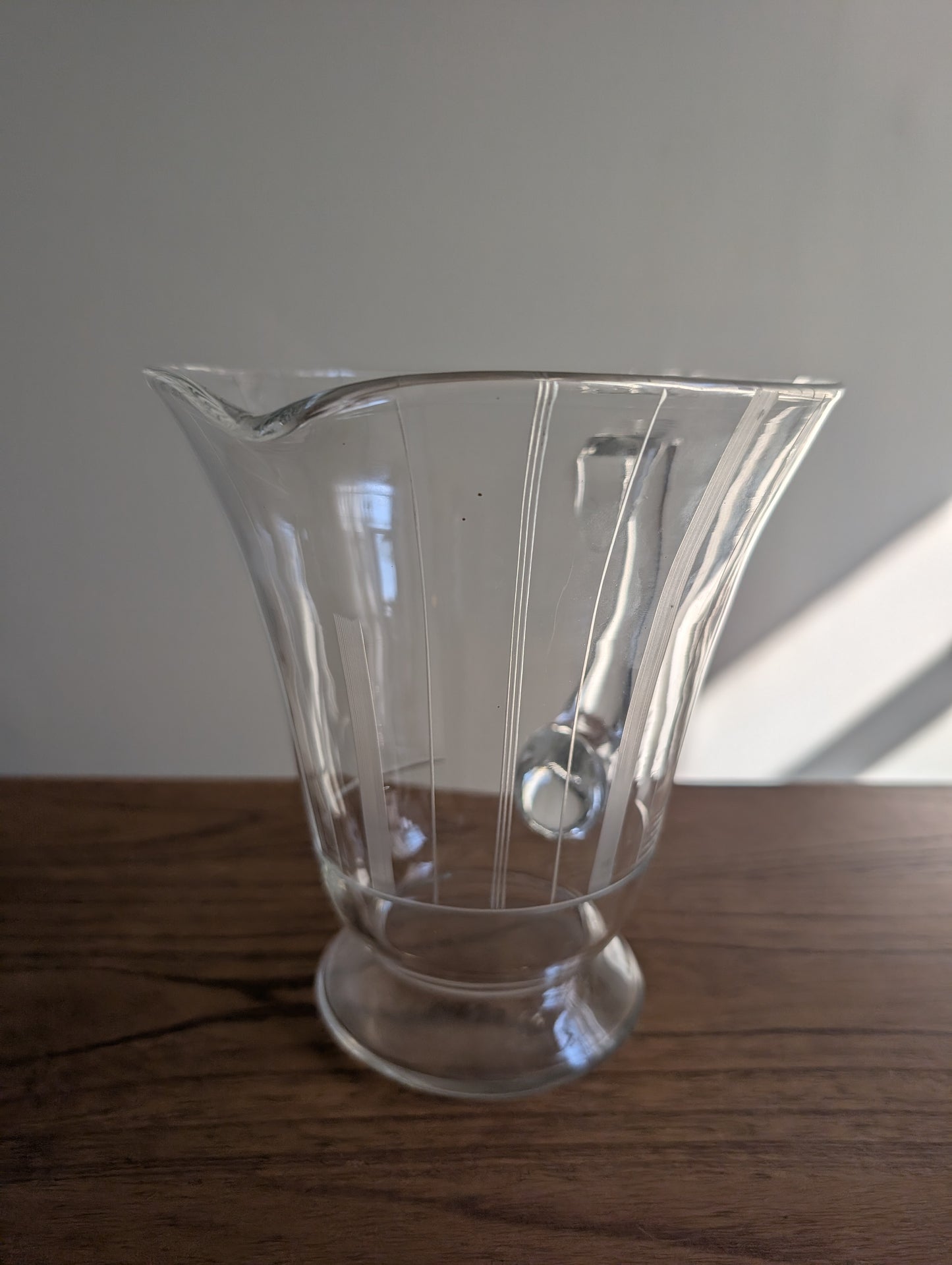 Vintage Geometric Etched Glass Pitcher with Wide Top and Glass Handle 7.5" Tall