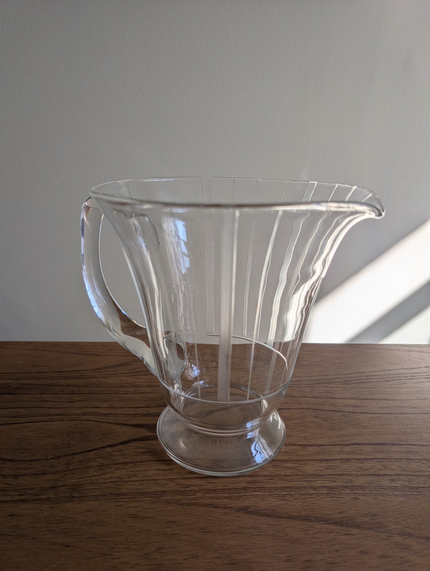 Vintage Geometric Etched Glass Pitcher with Wide Top and Glass Handle 7.5" Tall