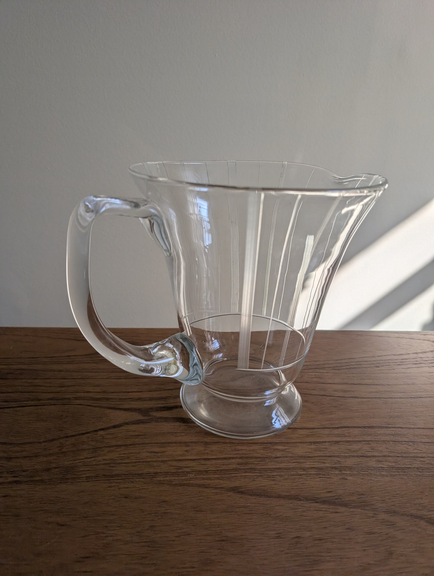 Vintage Geometric Etched Glass Pitcher with Wide Top and Glass Handle 7.5" Tall