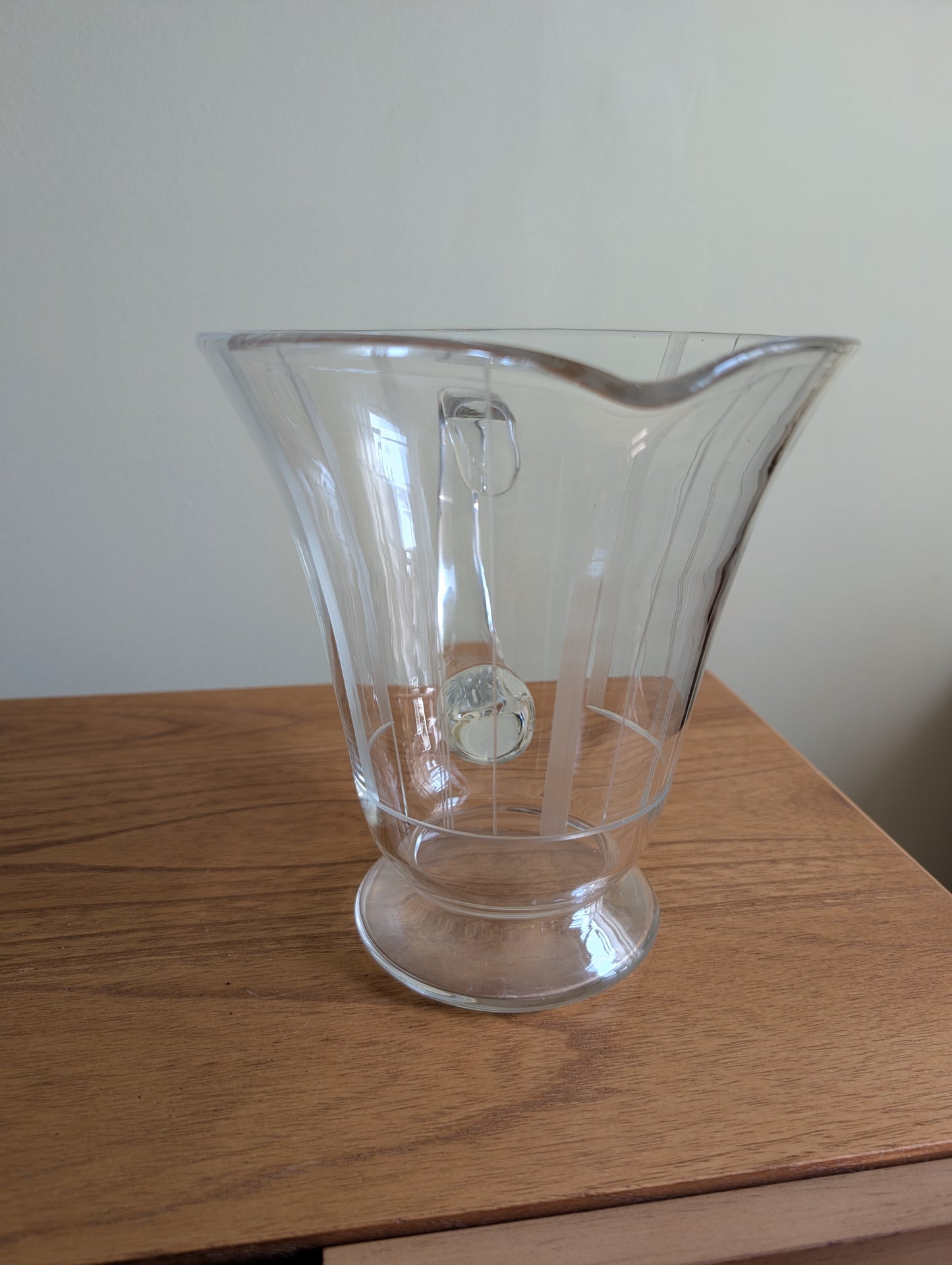 Vintage Geometric Etched Glass Pitcher with Wide Top and Glass Handle 7.5" Tall