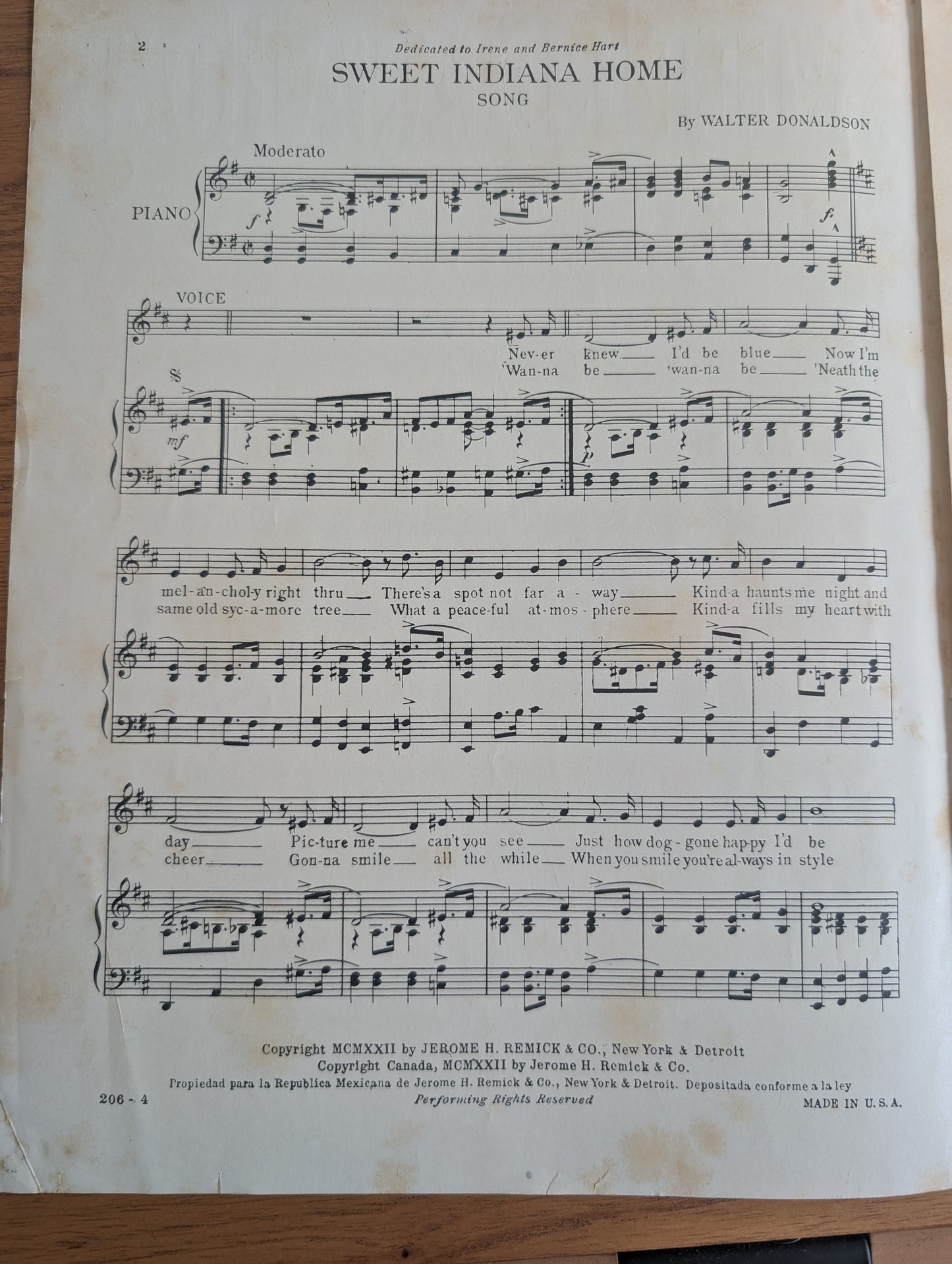 Sweet Indiana Home by Walter Donaldson for Piano
