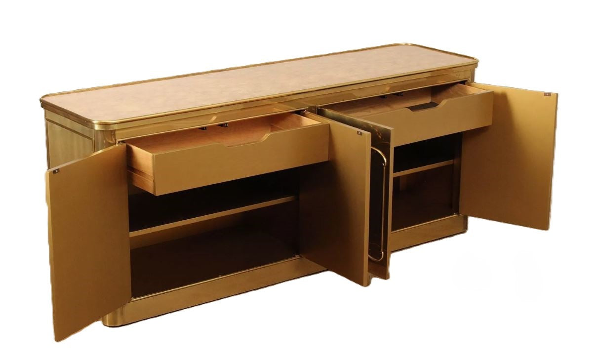 MCM Mastercraft Brass & Burl Wood Credenza