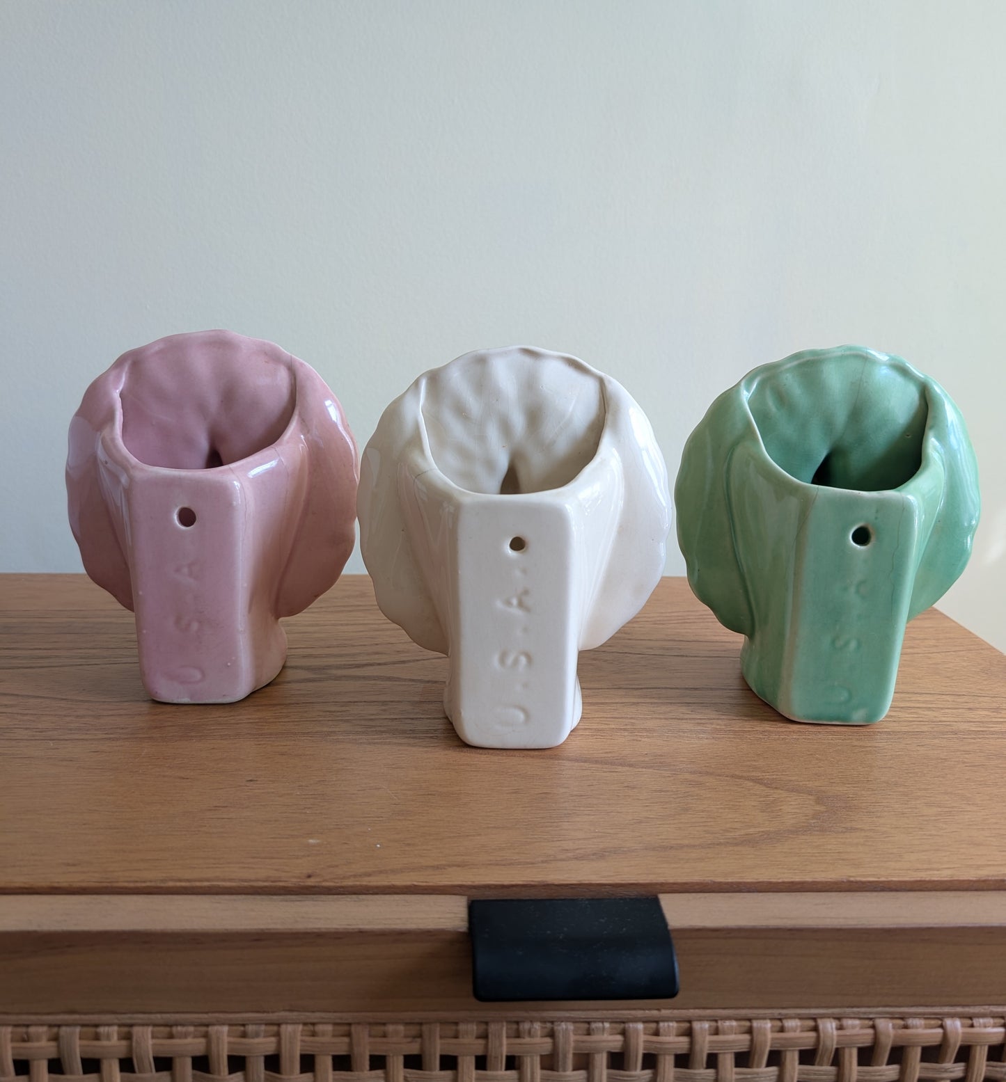 Set of 3 Vintage Ceramic Peacock Wall Planters Made in USA Pink Green and White