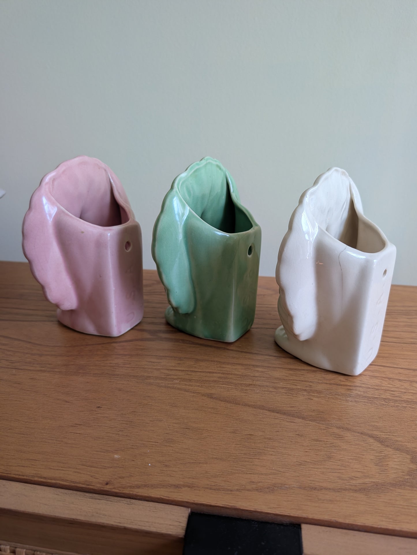 Set of 3 Vintage Ceramic Peacock Wall Planters Made in USA Pink Green and White
