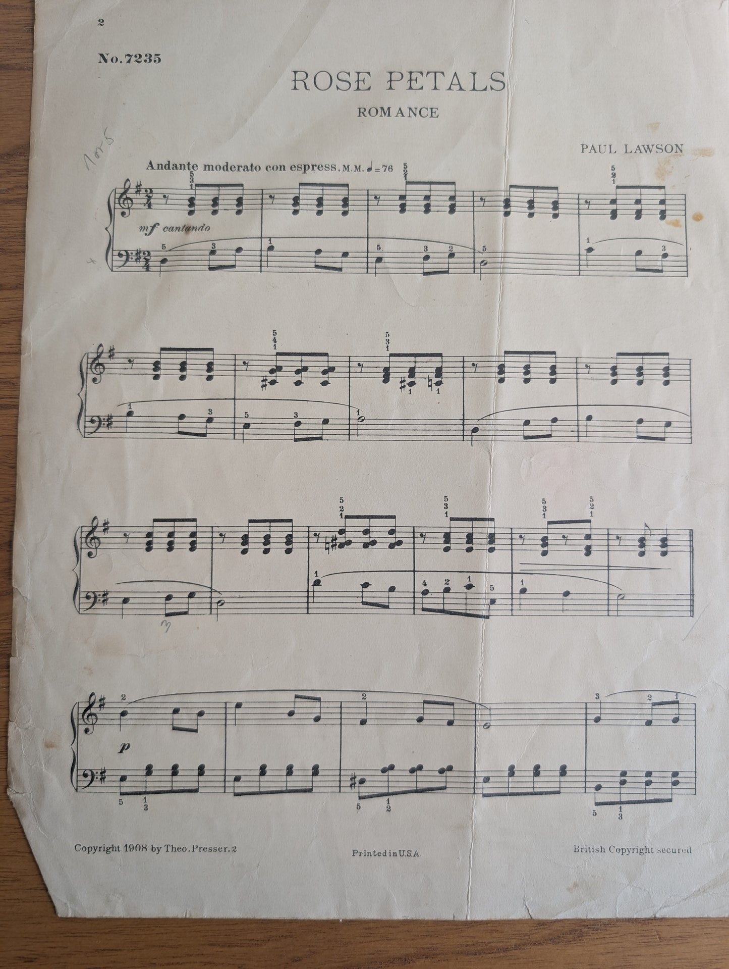 Vintage Pianoforte Sheet Music Rose Petals