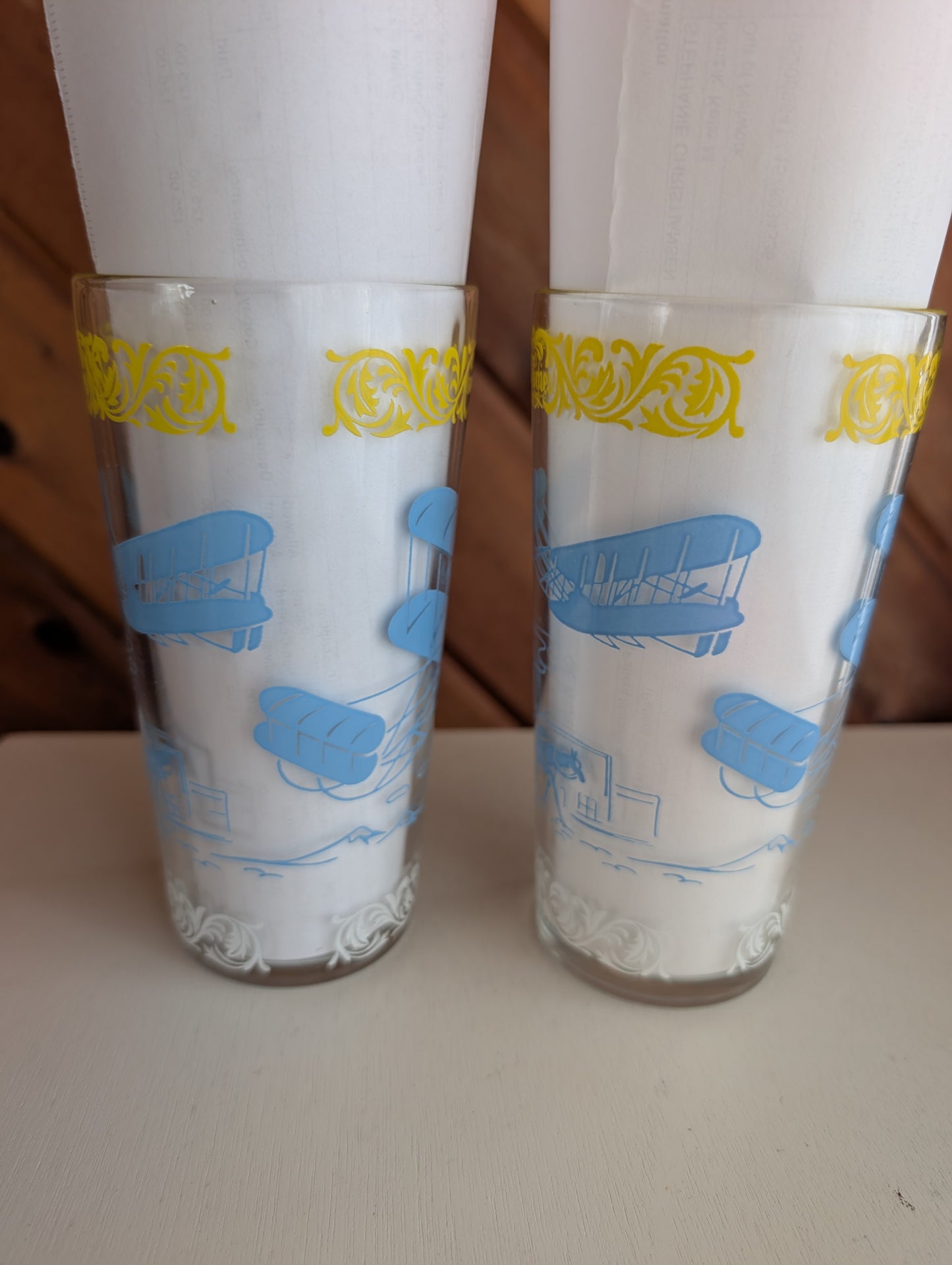 Pair of Hazel Atlas Old Times' Vintage Tumblers Airplanes Sailing High Glasses
