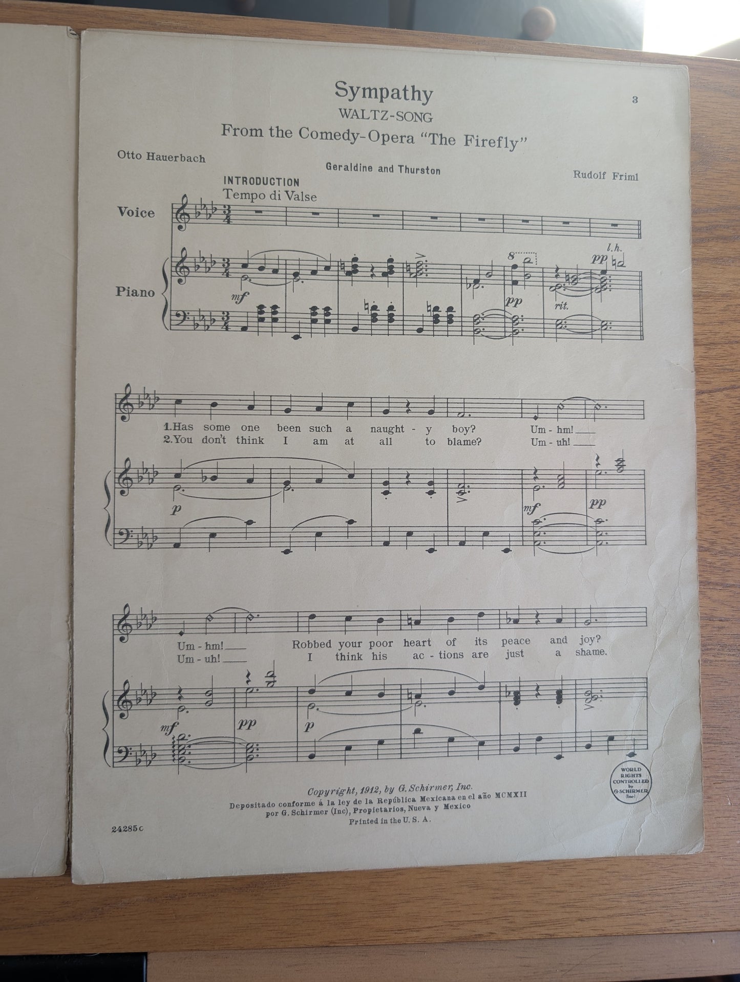 Sympathy Original Sheet Music from 1912 Comedy Opera The Firefly