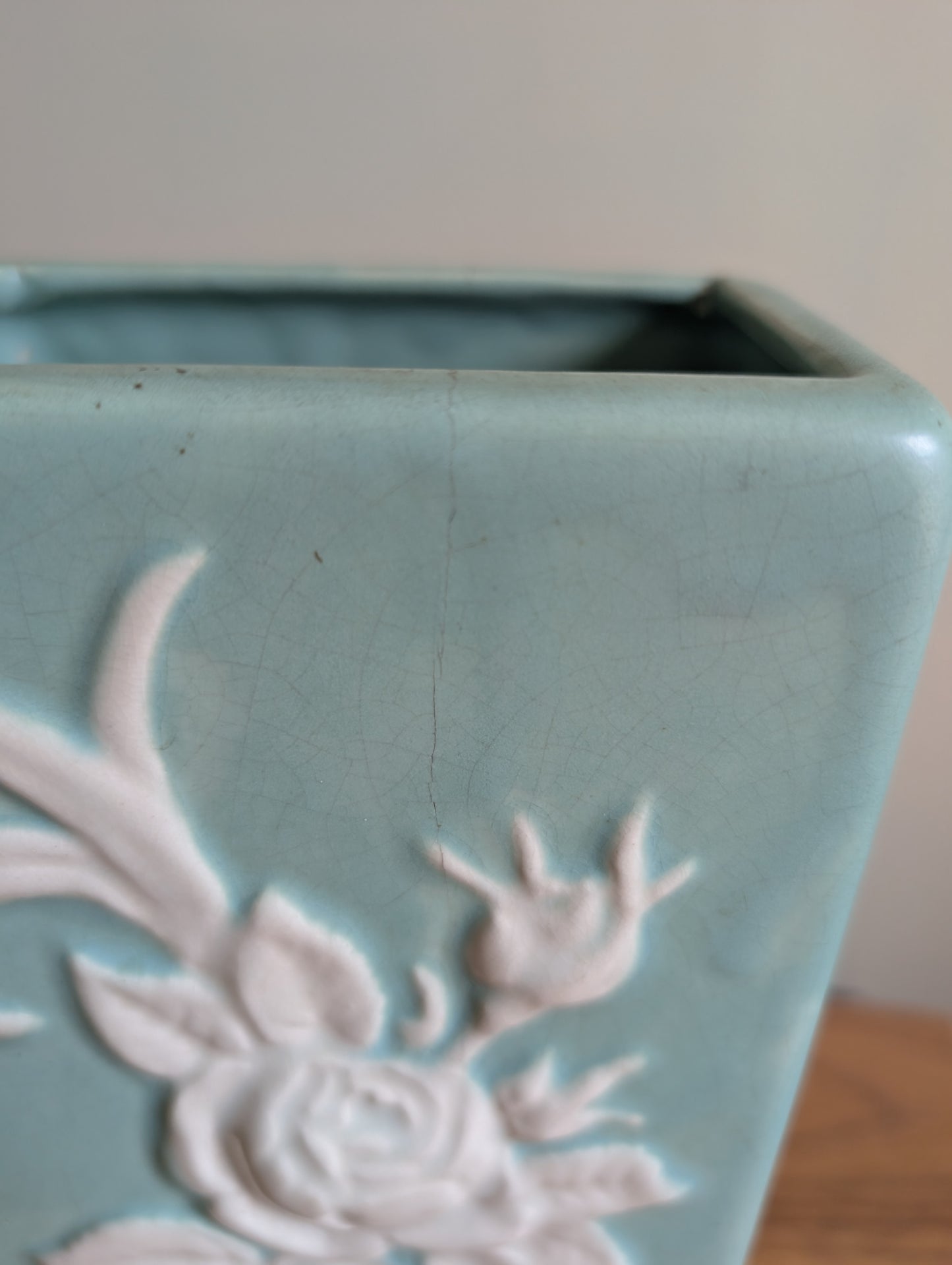 Weller Cameo Pottery 9 Inch Tall Antique Rectangle Vase Green with White Flowers