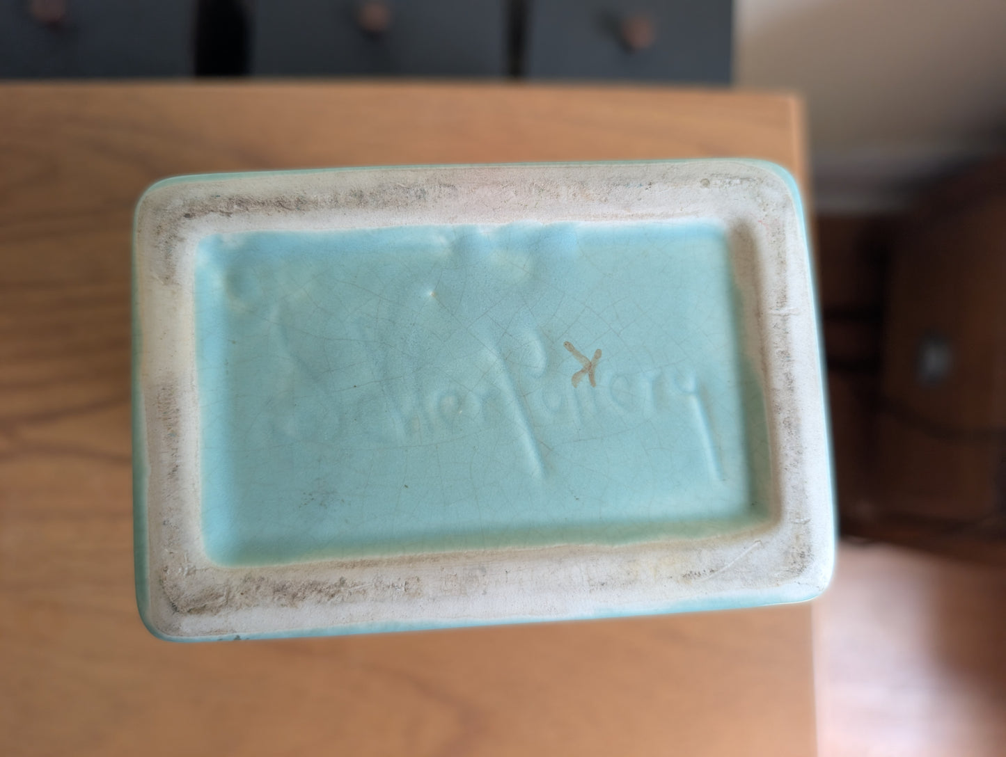 Weller Cameo Pottery 9 Inch Tall Antique Rectangle Vase Green with White Flowers