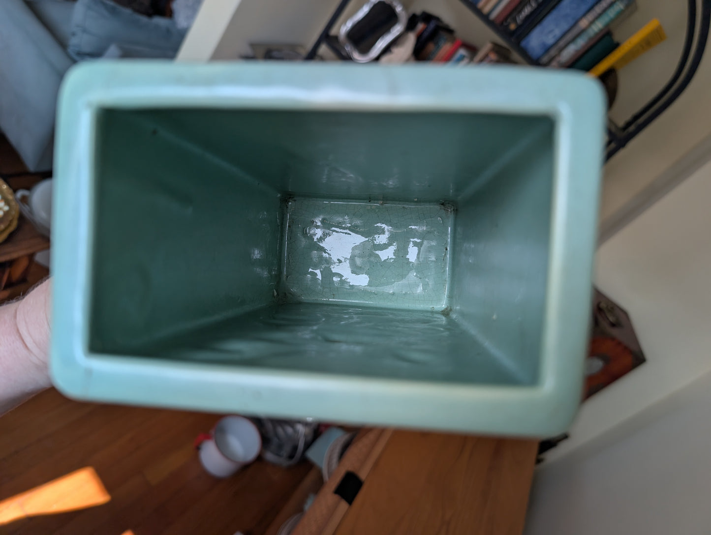 Weller Cameo Pottery 9 Inch Tall Antique Rectangle Vase Green with White Flowers