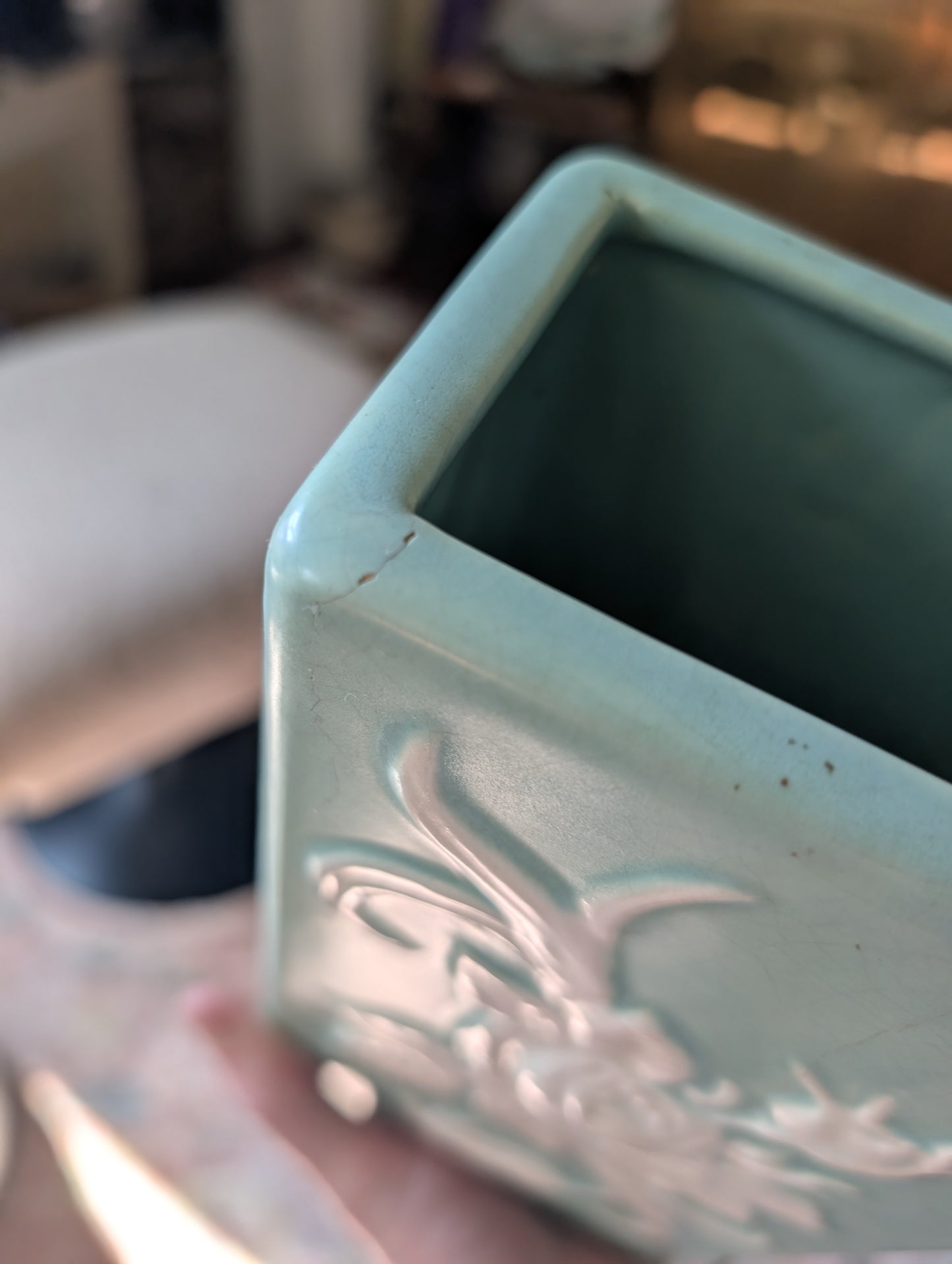 Weller Cameo Pottery 9 Inch Tall Antique Rectangle Vase Green with White Flowers