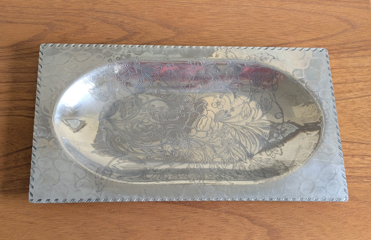 Vintage Hammered Aluminum Tray with Ornate Wildflower Design