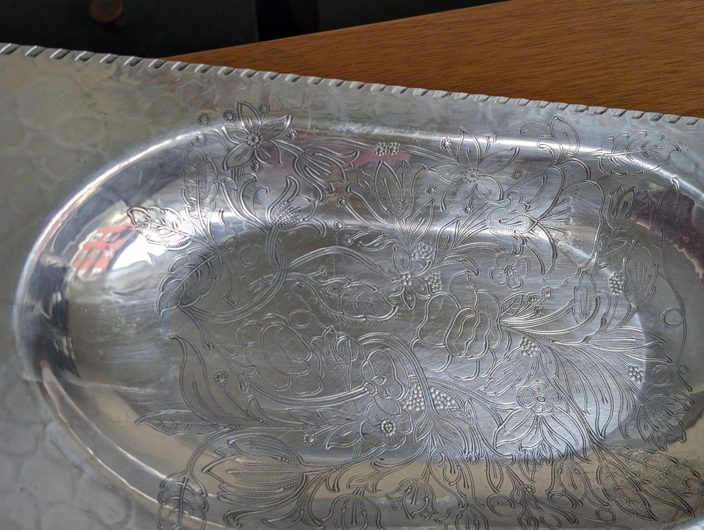 Vintage Hammered Aluminum Tray with Ornate Wildflower Design