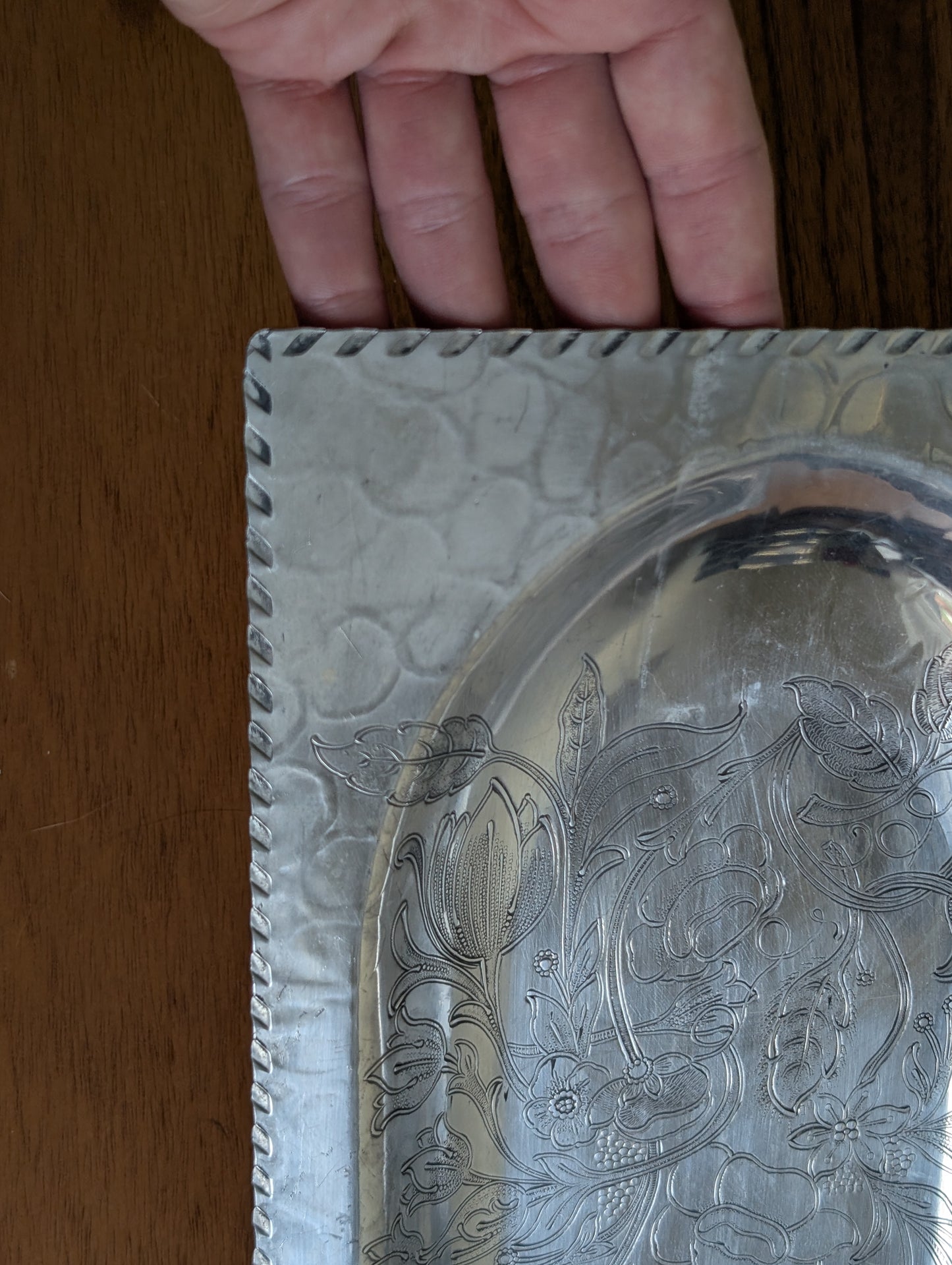 Vintage Hammered Aluminum Tray with Ornate Wildflower Design