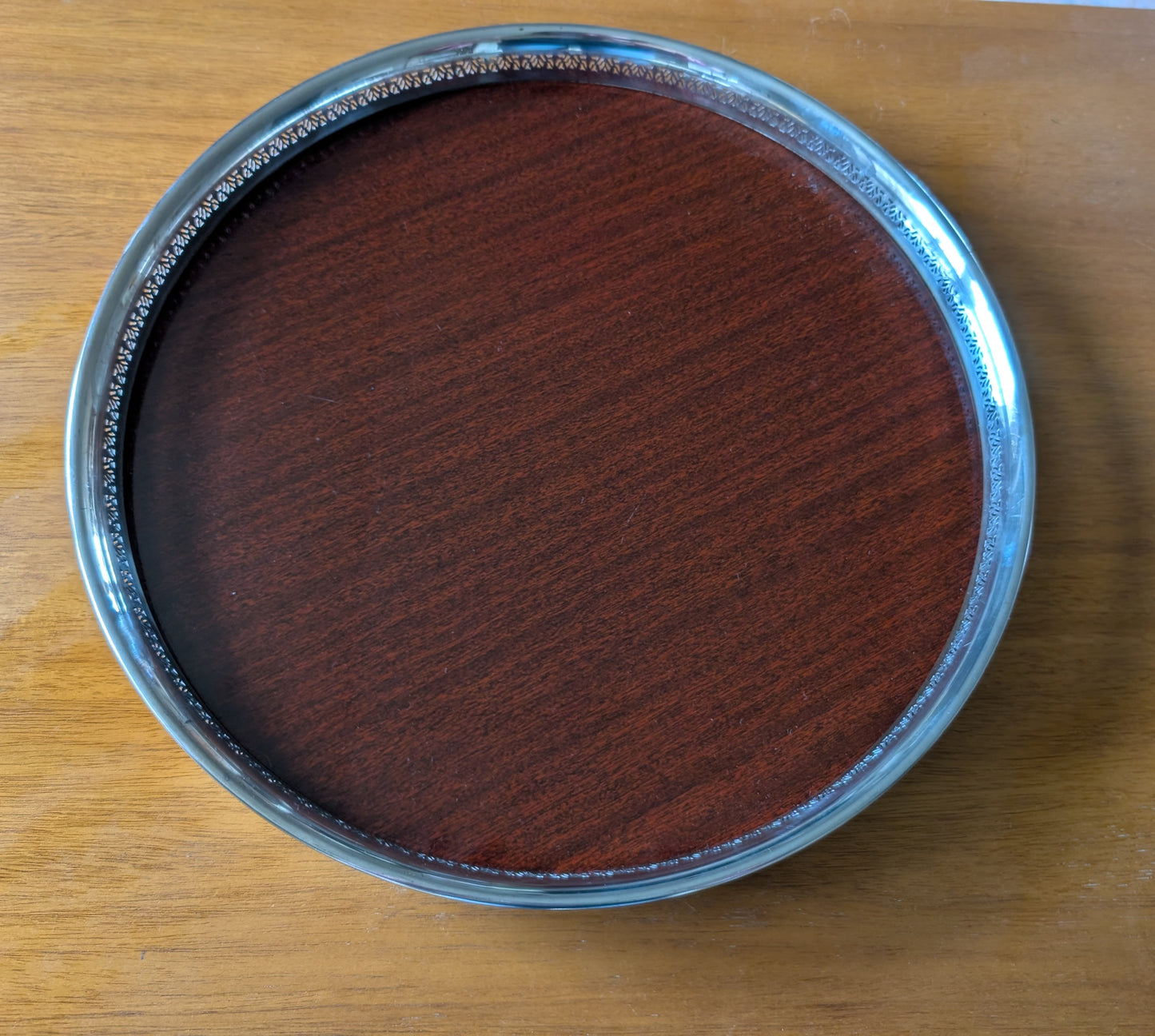 Silver Plated Formica Round 14.5” Footed Cocktail Serving Tray MCM