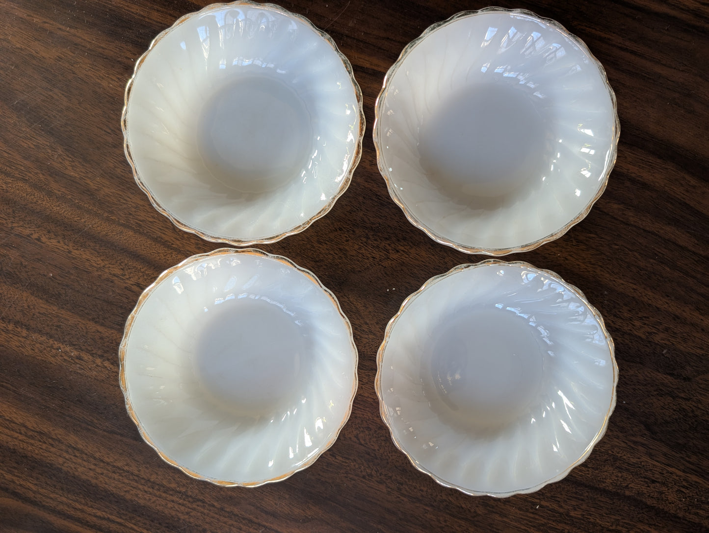 Set of 4 MCM Anchor Hocking Fire King Milk Glass Gold Rim Small Dessert Bowls
