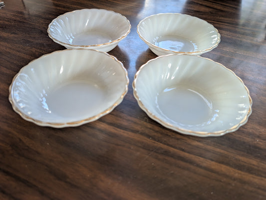 Set of 4 MCM Anchor Hocking Fire King Milk Glass Gold Rim Small Dessert Bowls