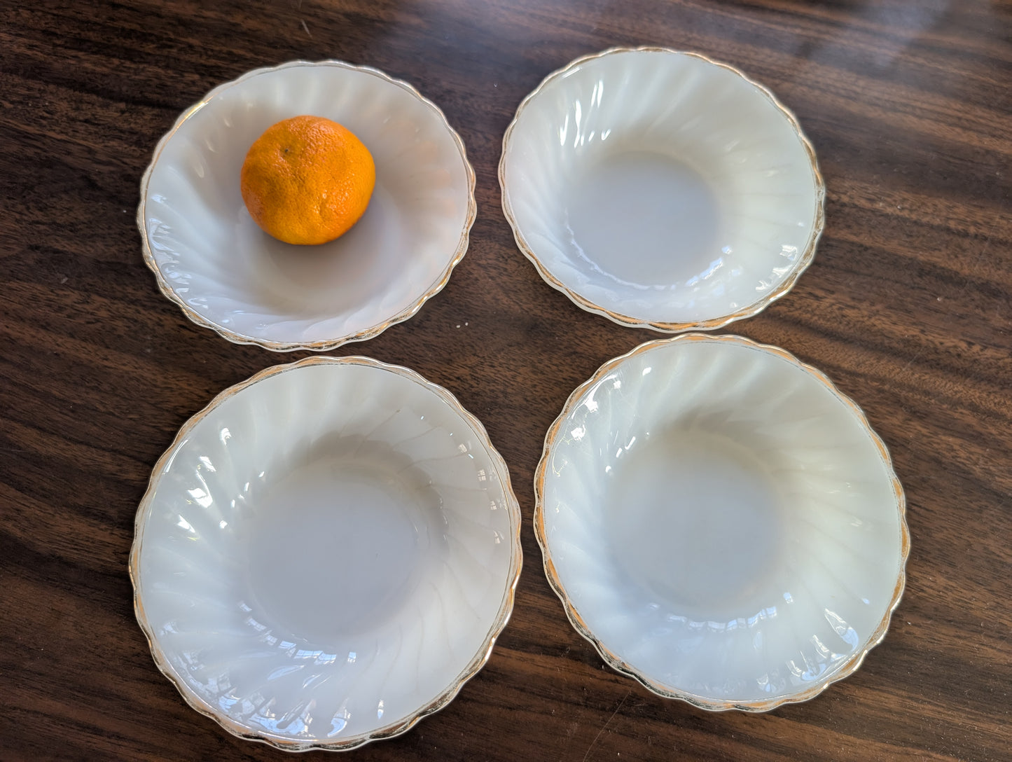 Set of 4 MCM Anchor Hocking Fire King Milk Glass Gold Rim Small Dessert Bowls