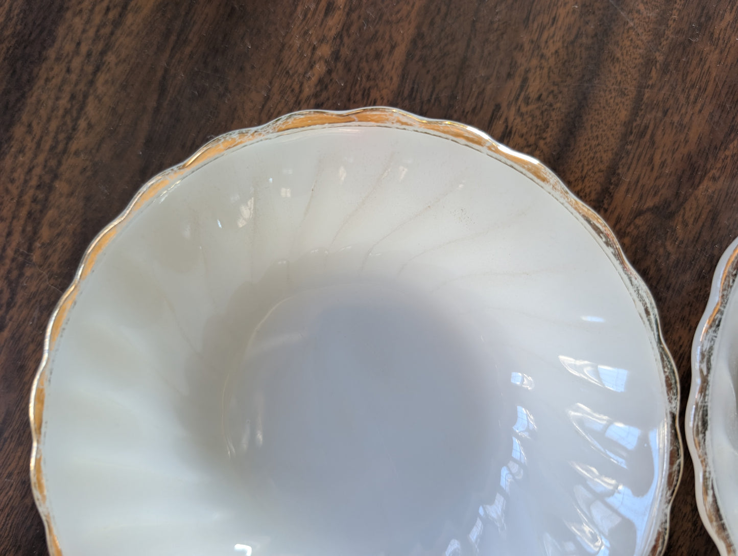 Set of 4 MCM Anchor Hocking Fire King Milk Glass Gold Rim Small Dessert Bowls