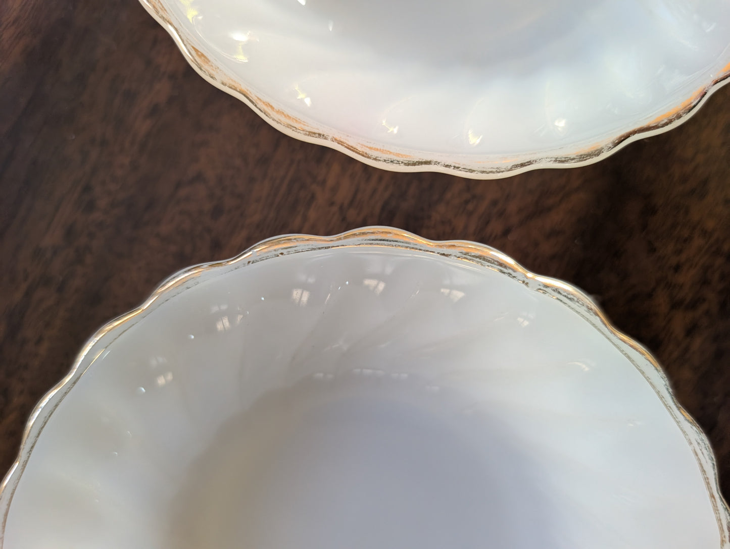 Set of 4 MCM Anchor Hocking Fire King Milk Glass Gold Rim Small Dessert Bowls