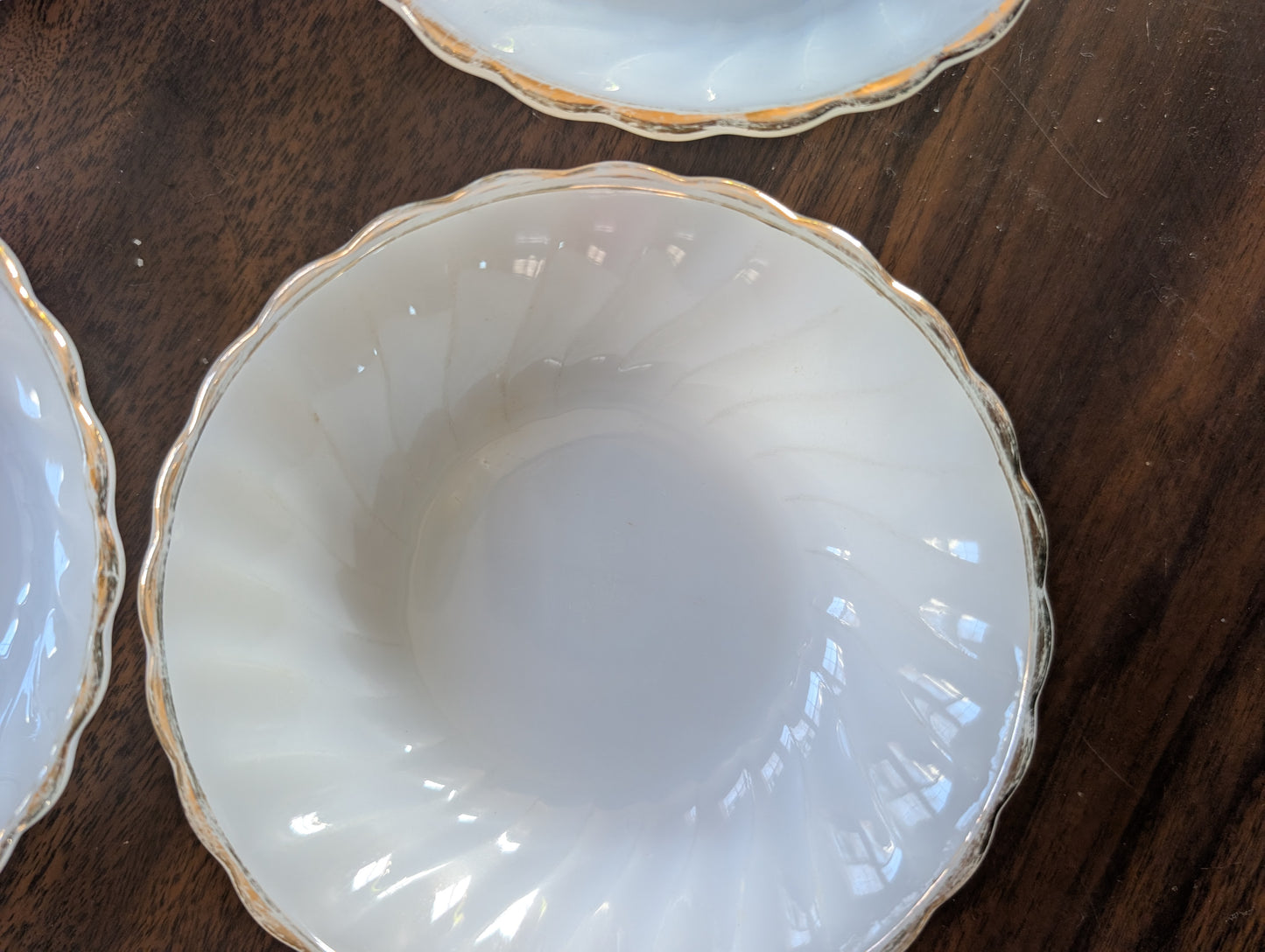 Set of 4 MCM Anchor Hocking Fire King Milk Glass Gold Rim Small Dessert Bowls