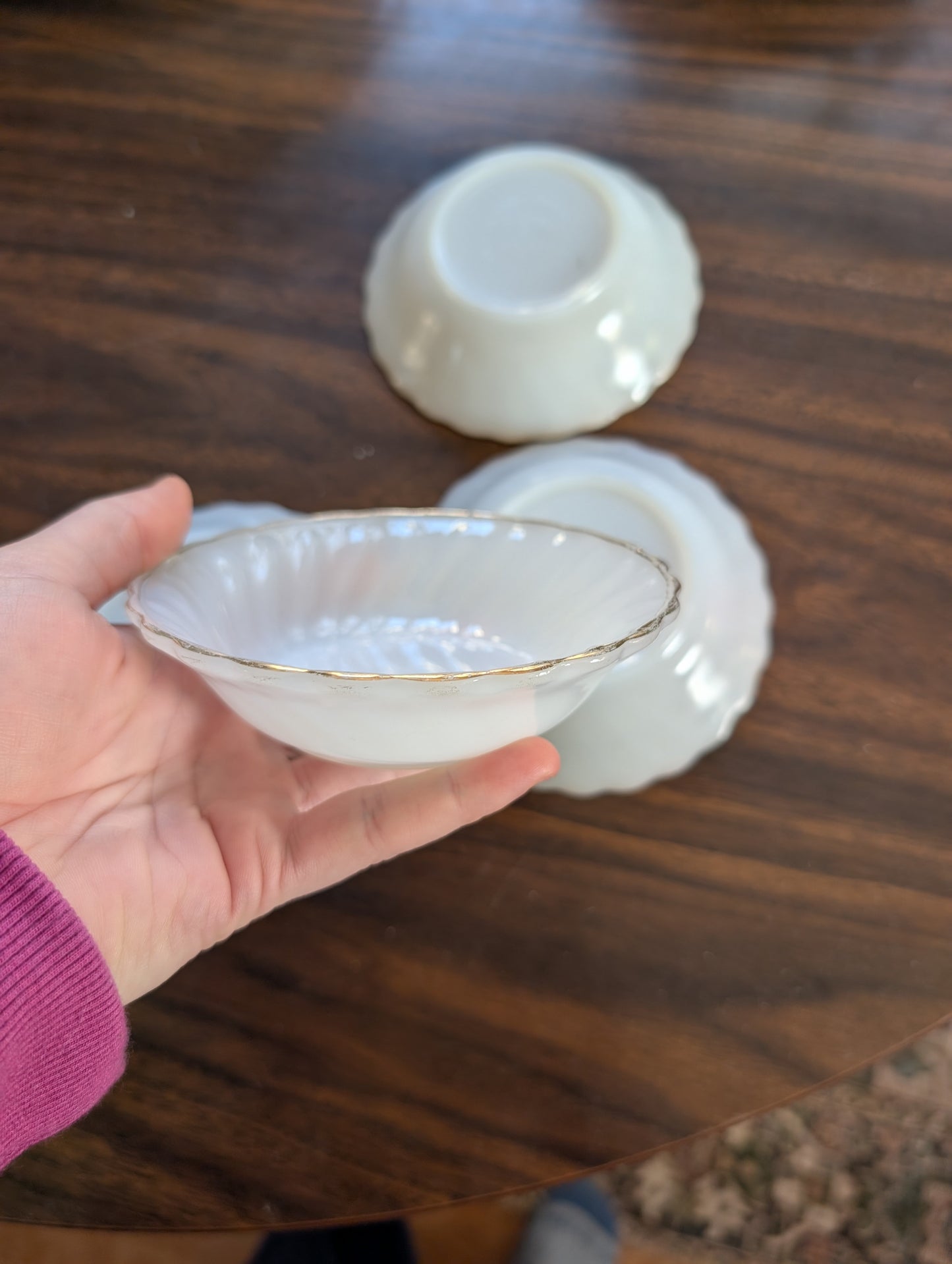 Set of 4 MCM Anchor Hocking Fire King Milk Glass Gold Rim Small Dessert Bowls