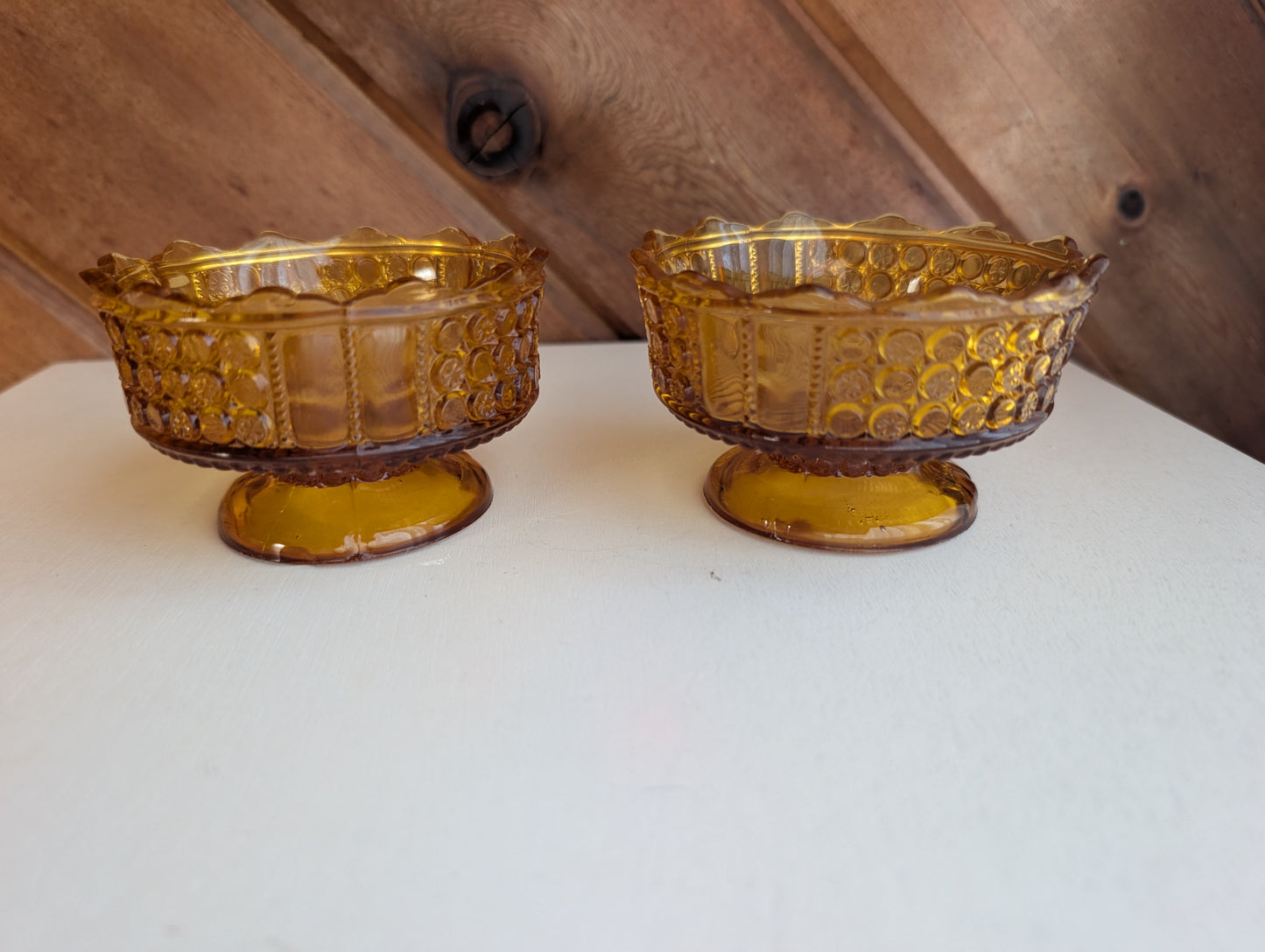 Pair of Three Panel Amber Small 4" Bowls Richards & Hartley Glass Early American
