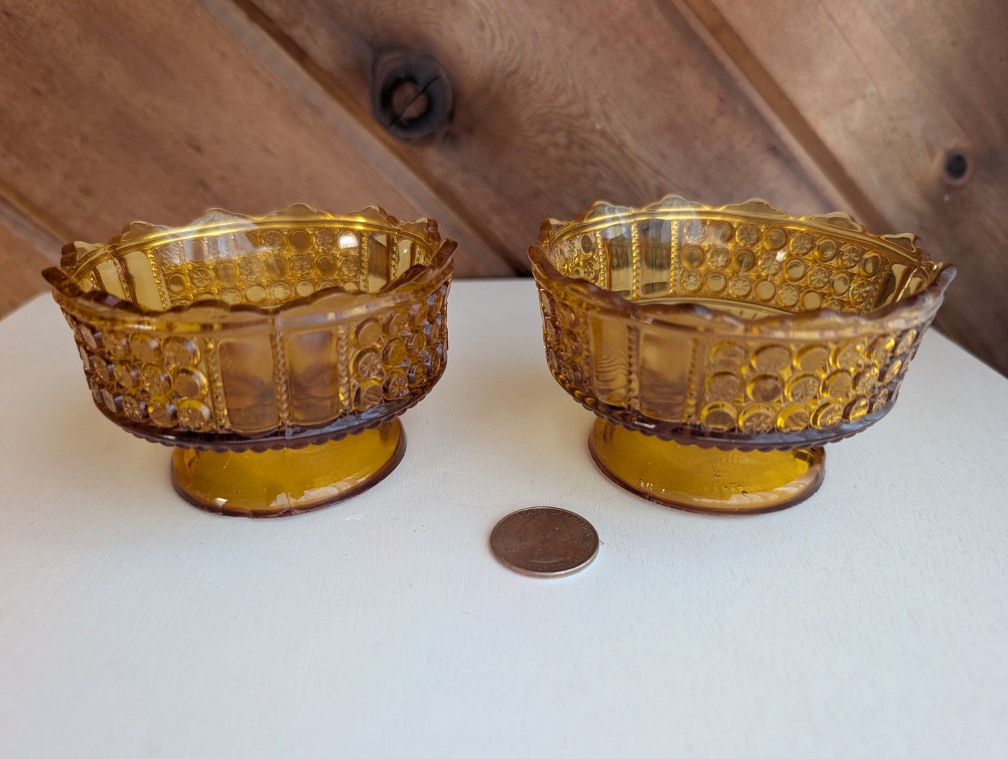 Pair of Three Panel Amber Small 4" Bowls Richards & Hartley Glass Early American