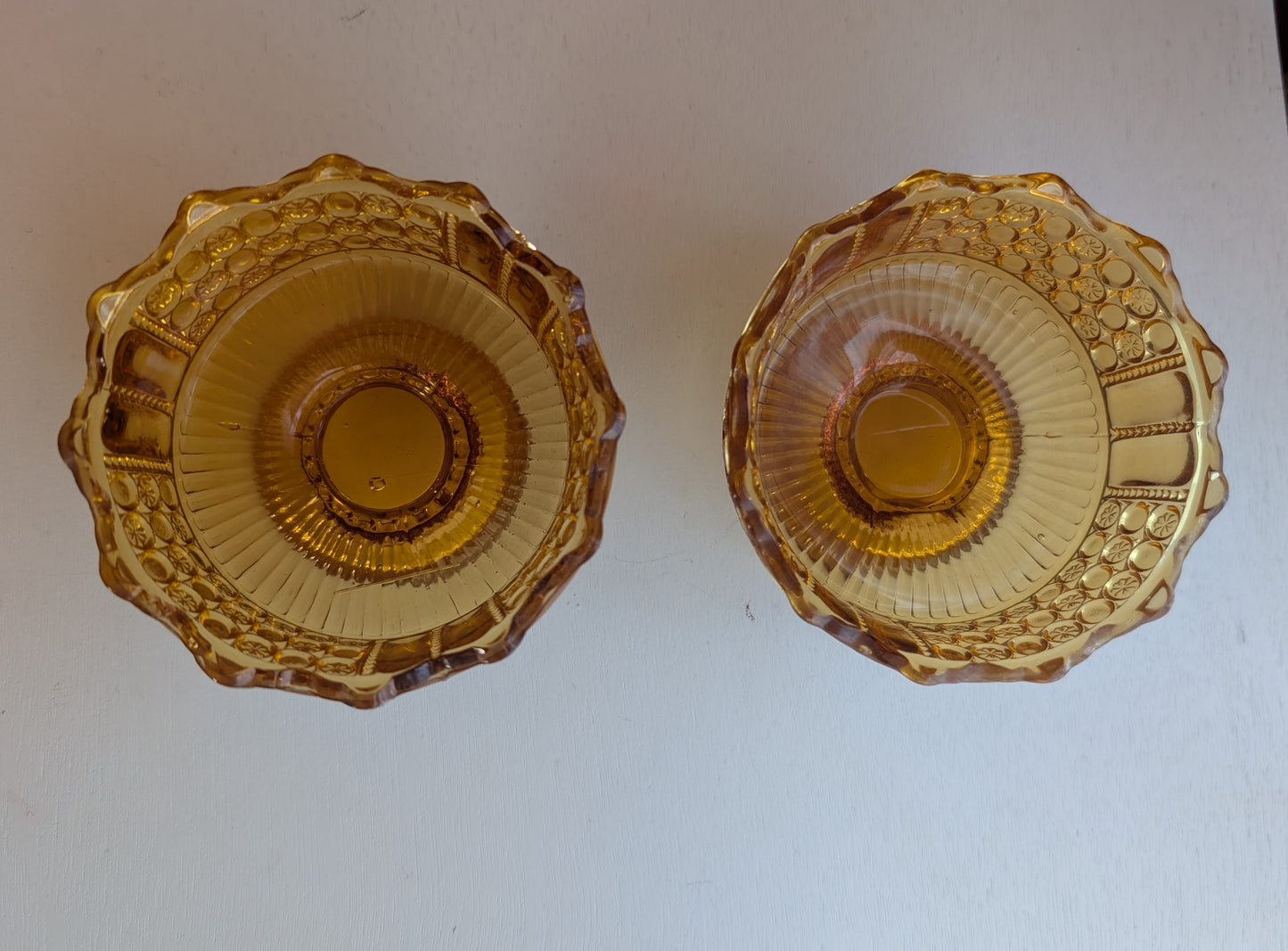 Pair of Three Panel Amber Small 4" Bowls Richards & Hartley Glass Early American