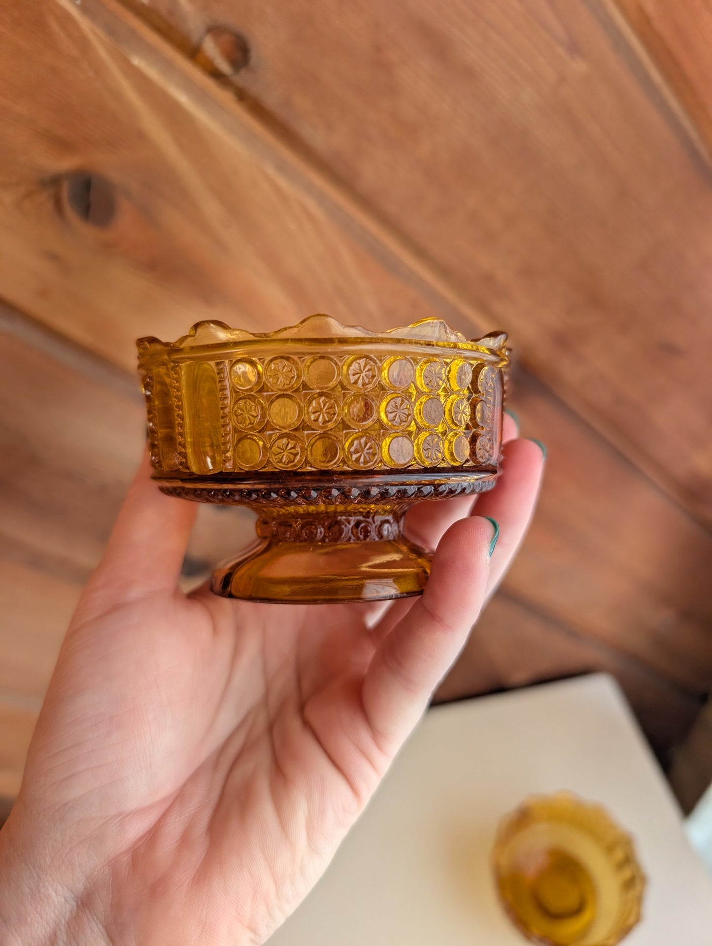 Pair of Three Panel Amber Small 4" Bowls Richards & Hartley Glass Early American