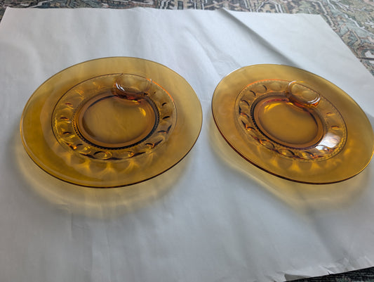 Pair of Amber Dubonnet or Kings Crown Thumb Print Plates with Dipping Tray from 1960s
