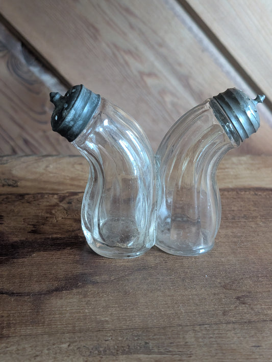 1870s Rare Hand Blown Double Gemel Ribbed Salt & Pepper Shaker With Lids